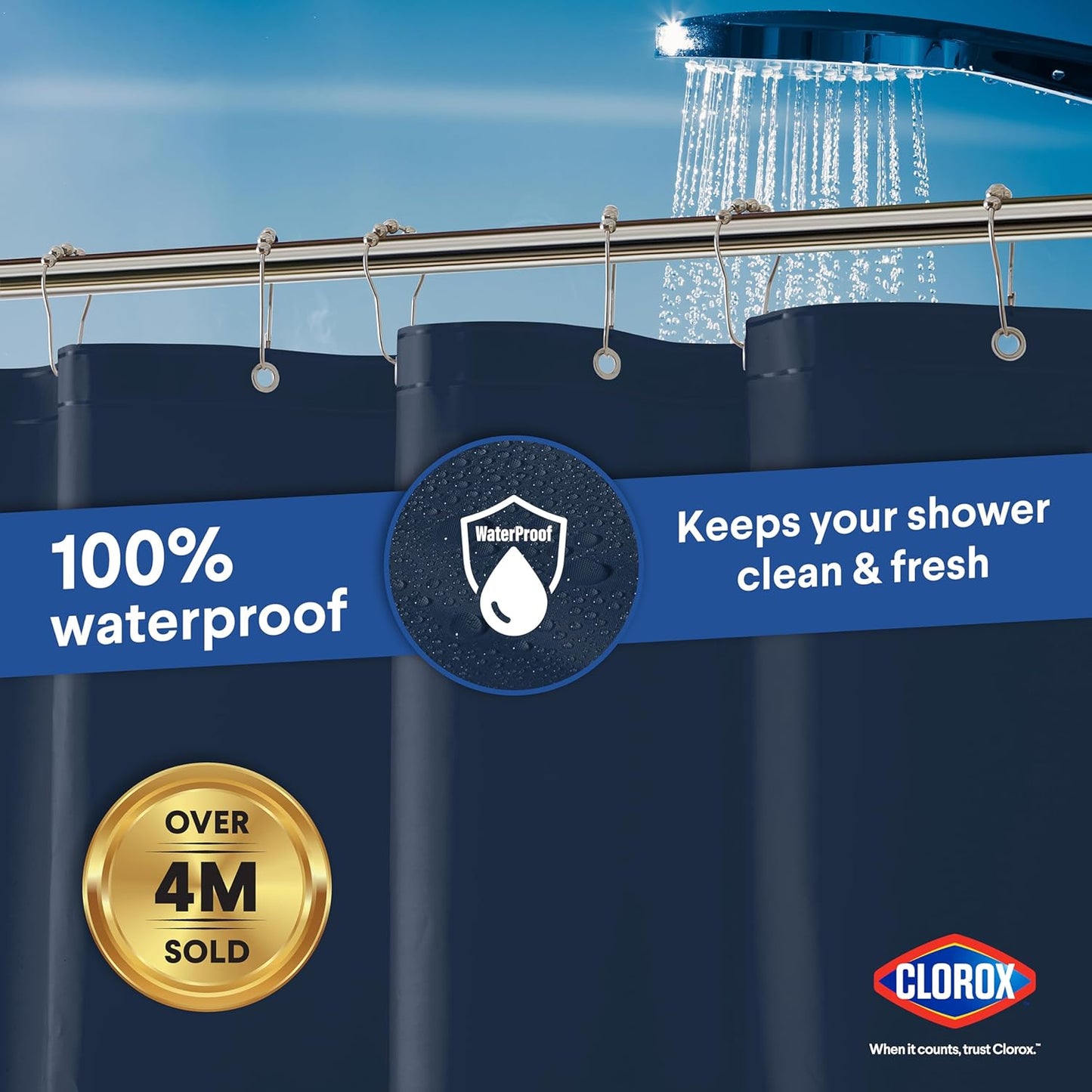 CLOROX Shower Curtain Liner, Premium Colored Medium-Weight Durable Waterproof 6g PEVA for Bathroom with Weighted Magnets, Standard Size 72" x 72", Blue