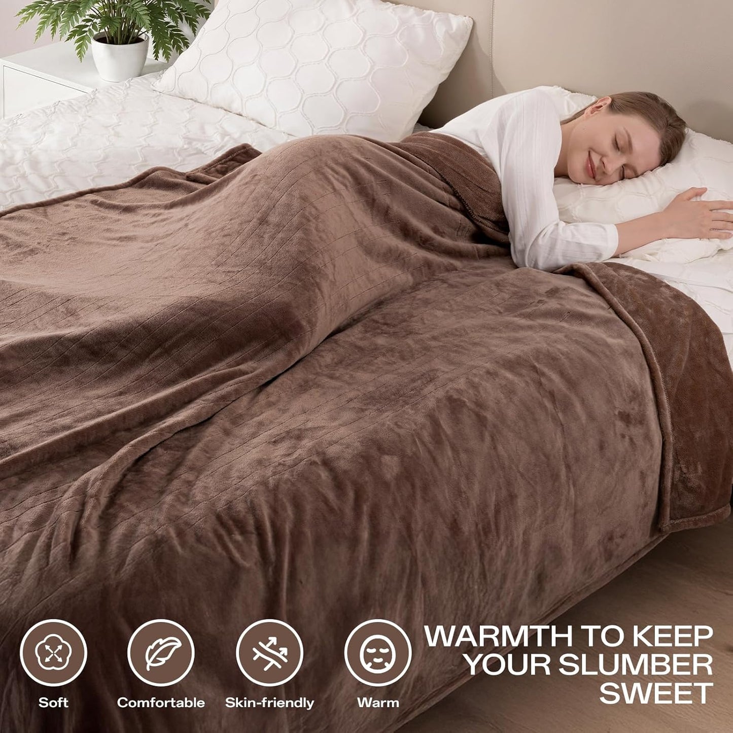 Electric Blanket Queen Size, Ultra Soft Flannel Heated Blanket for Full Body, Dual Control Heating Blankets with 10 Hours Automatic Shut Off, 8 Heating Levels, Washable, Double Zone, 84" x 90" Brown