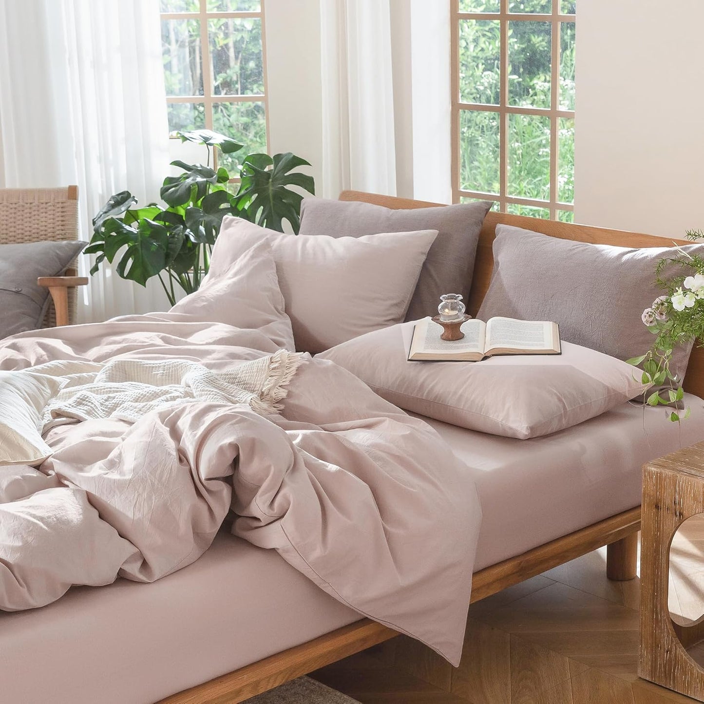 MooMee Bedding Duvet Cover Set 100% Washed Cotton Linen Like Textured Breathable Durable Soft Comfy (Heathered Greyish Pink, Full 80"x90")