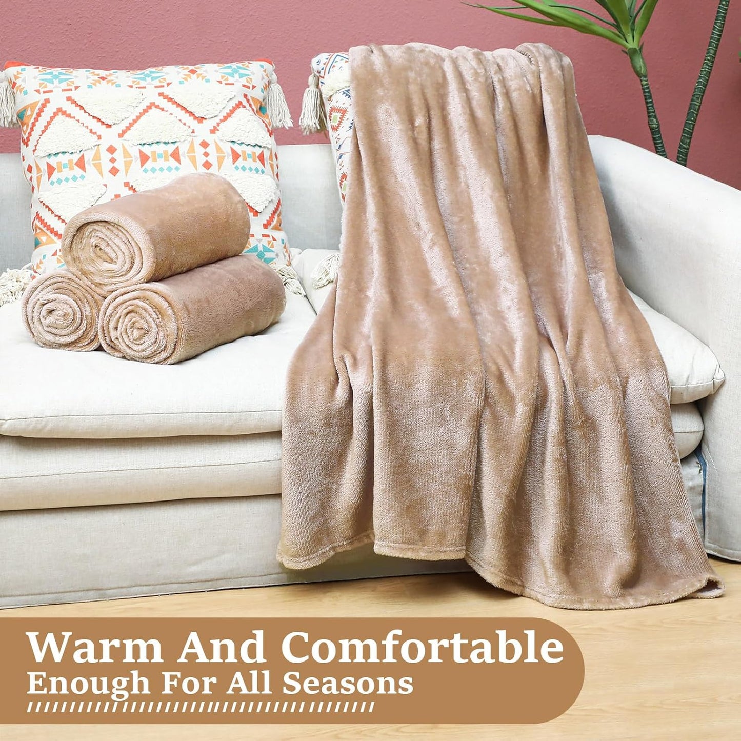 18 Pieces Fleece Blankets Bulk for Wedding 50 x 60 Inch Soft Lightweight Flannel Throw Blankets Bulk for Wedding Guests Home Outdoor Couch Sofa Bed Gifts(Camel)