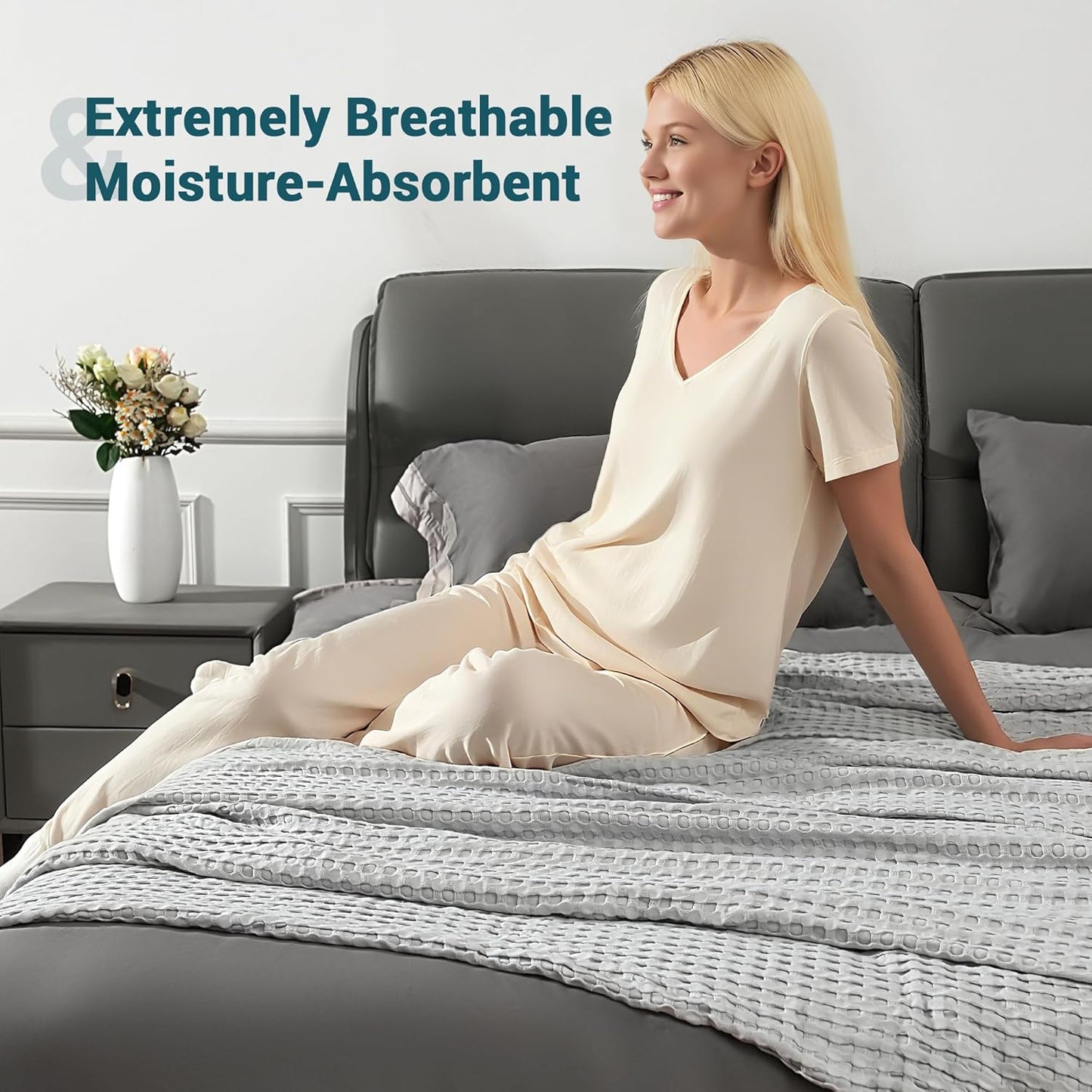 Aganear Waffle Blanket - Lightweight Breathable Summer Blanket of 50% Cotton and 50% Rayon Derived from Bamboo for Hot Sleepers Luxury Throws for Bed, Couch and Sofa,Grey,104x90 Inches