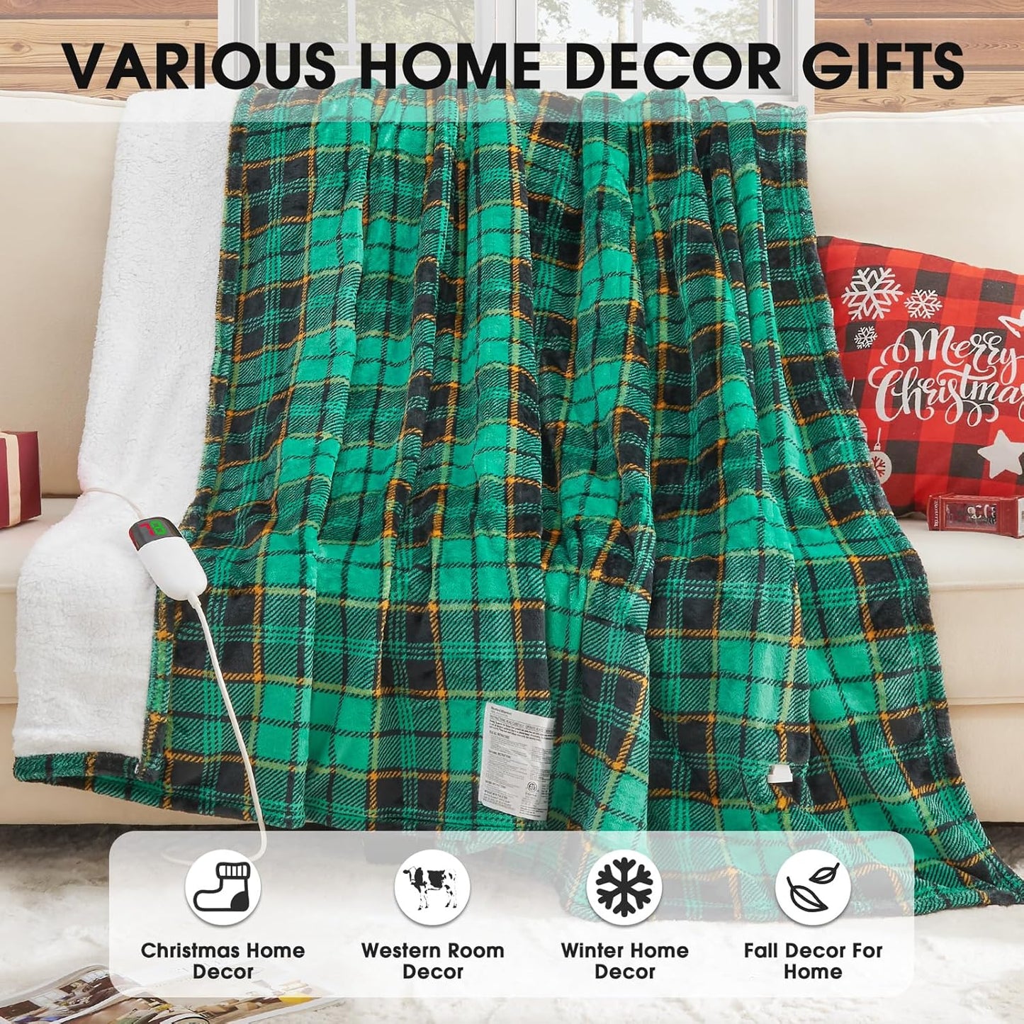 Green Heated Blanket Electric Twin Size 62X84, Christmas Heating Blanket, Plaid Sherpa Winter Blankets Warmer, 10 Heating Levels & 8-Hour Auto Off, Fast Heated House Warming Gifts New Home Decor