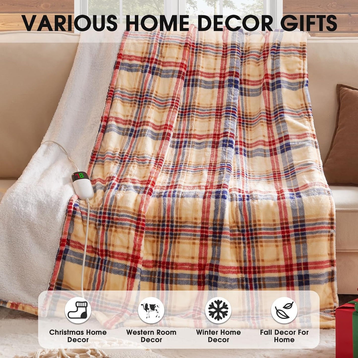 OCTROT Heated Blanket Electric, Twin Size 62X84, Heating Blanket with 10 Heating Levels & 8 Hours Auto Off, Checkered Plaid Sherpa Blankets Warmer for Adults, Fast Heating and Washable, in Brown