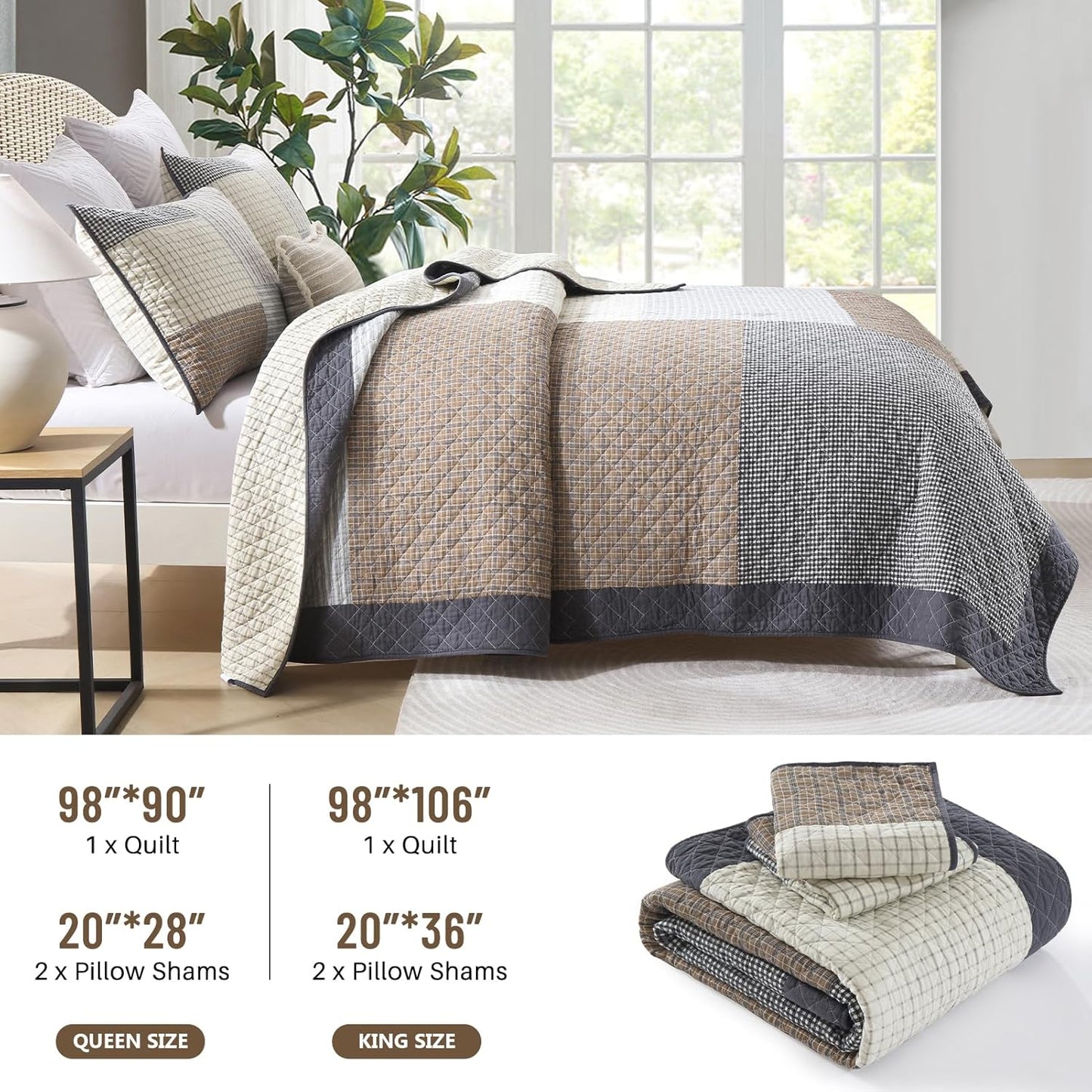 Real-Patchwork Plaid Queen Quilt - 100% Cotton Farmhouse Beige Brown Gray Queen Size Quilts Bedspread, Lightweight Reversible Quilted Coverlet Bedding Set for All Season, 3-Piece(98"x90")