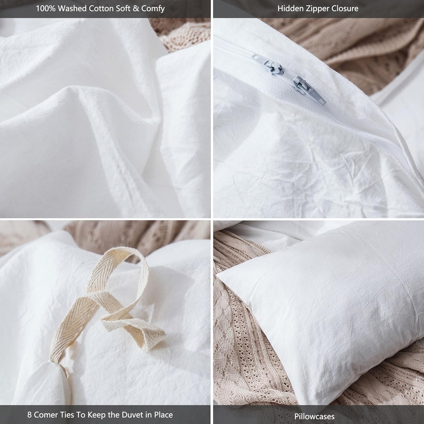 MooMee Bedding Duvet Cover Set 100% Washed Cotton Linen Like Textured Breathable Durable Soft Comfy (Solid Off White, Super King Plus 120"x120")