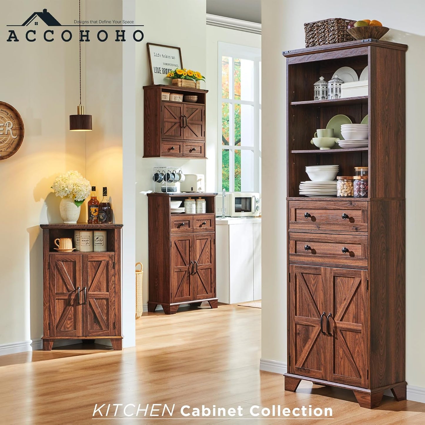 ACCOHOHO Bathroom Wall Cabinet, Farmhouse Medicine Cabinet, 24" Wide Cabinet with Drawer, Adjustable Shelf, Double Barn Doors, Storage Cabinet for Bathroom, Kitchen, Living Room, Brown