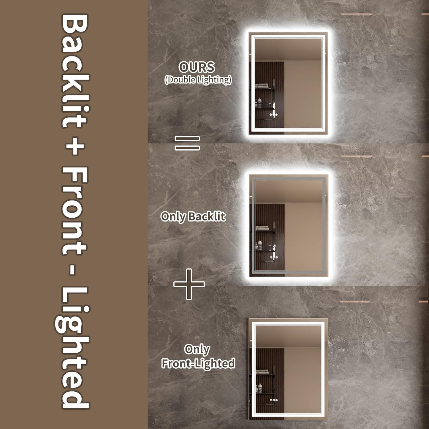 Bathroom Mirror with Lights 28"X36" with Front Light and Backlit, Tempered Glass, Wall Mount Horizontal/Vertical, Stepless Dimmable, 3 Colors, Anti Fog, Bathroom Memory LED Mirror