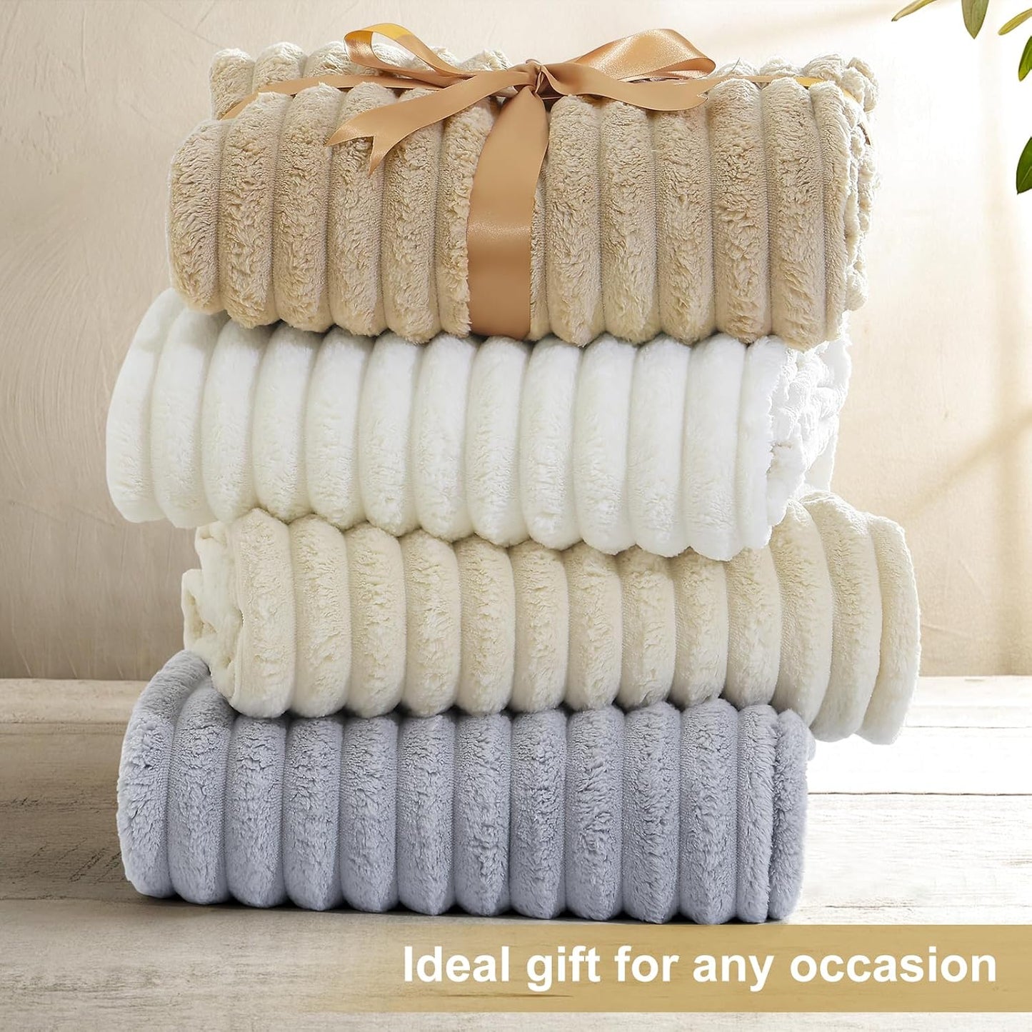 decorUhome Christmas Soft Fleece Beige Throw Blanket for Couch, Cozy Fluffy Plush Flannel Striped Blanket for Sofa Bed, Lightweight Decorative Ribbed Fuzzy Blanket for Woman, 50x60 Inches