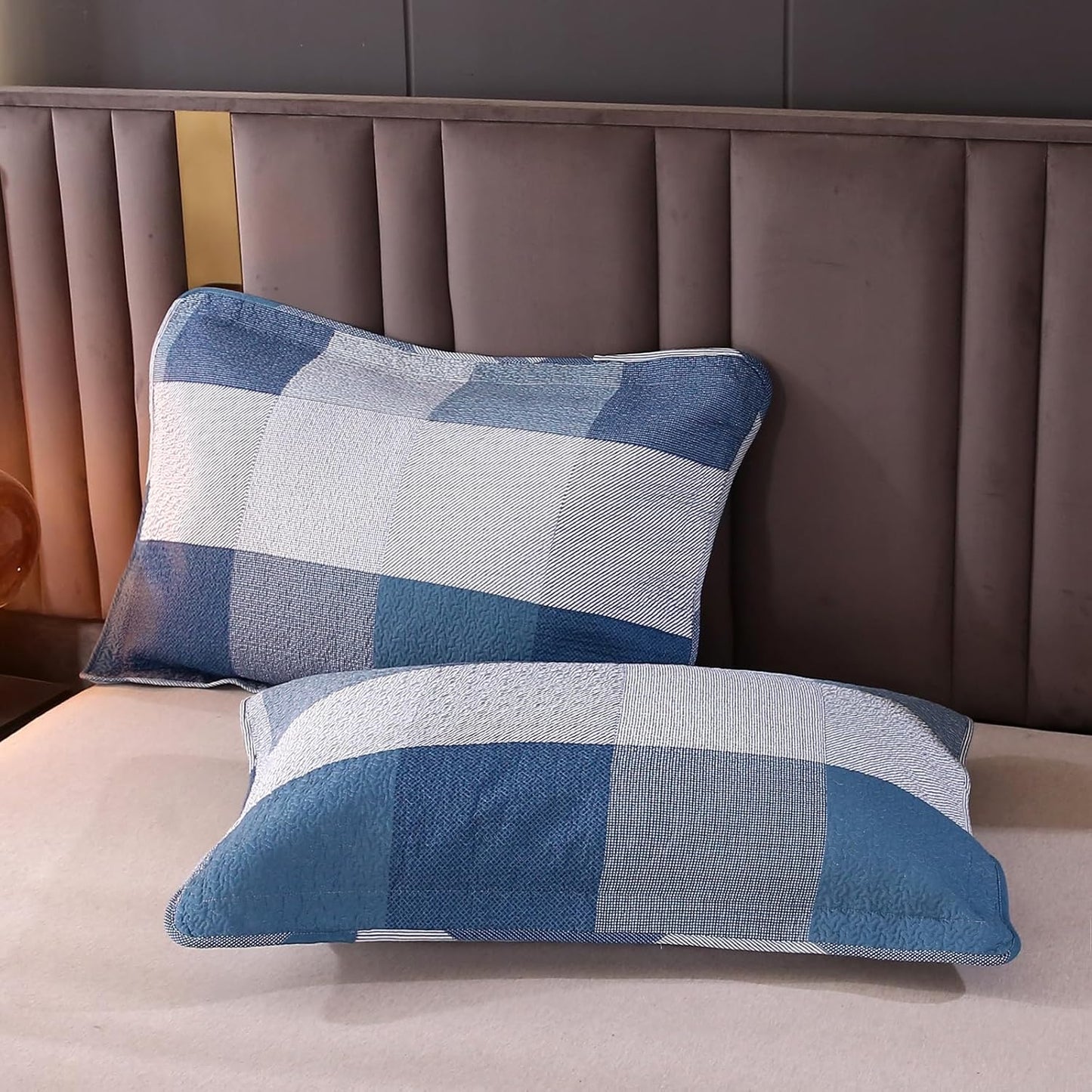 vctops Cotton Quilted Patchwork Quilt Set Queen Size Farmhouse Blue Plaid Bedspreads Coverlet 3 Pieces Summer Lightweight 1 Quilt and 2 Pillow Shams for All Season (Plaid A,Queen)