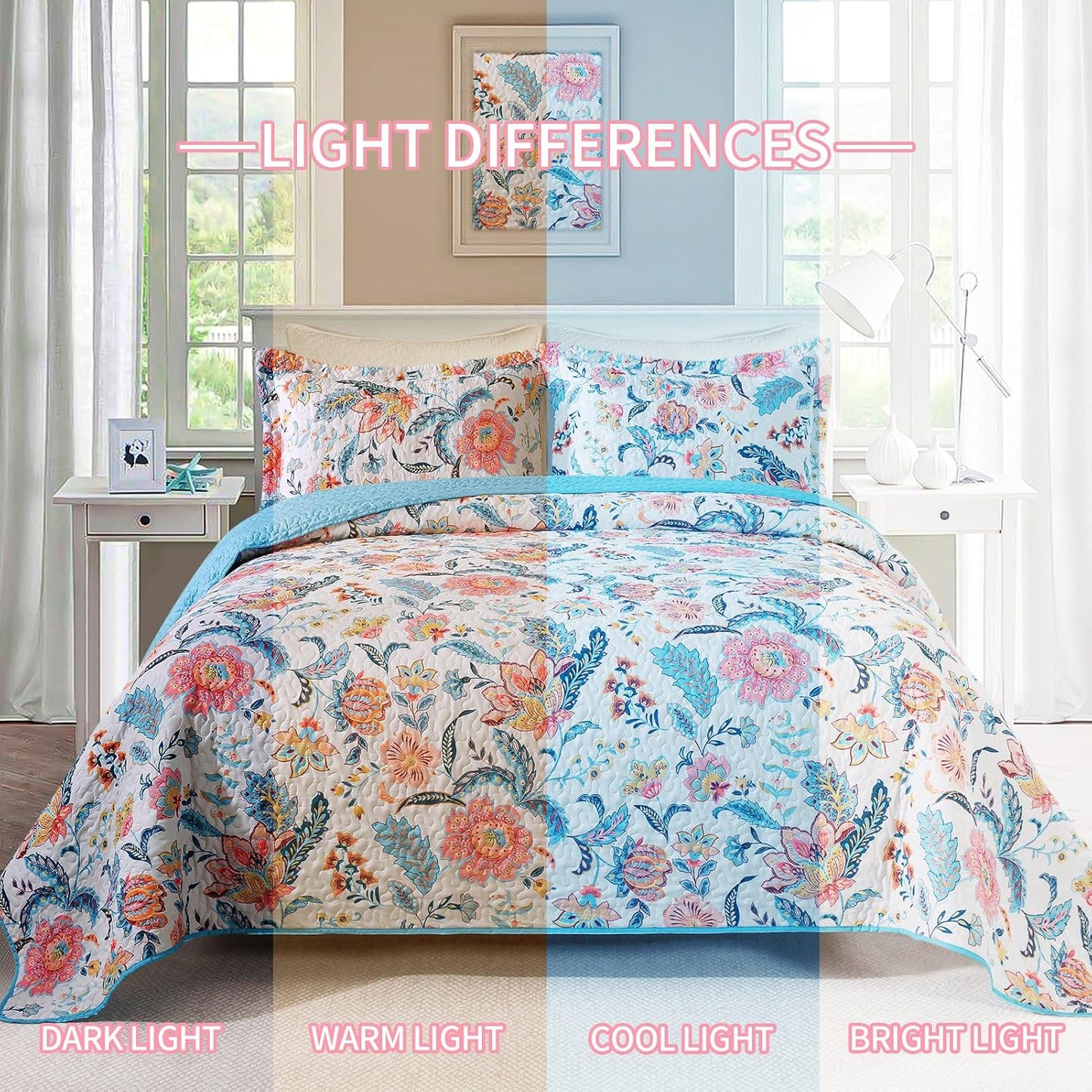 BEDIFANY Garden Cotton Filling Queen Size Quilt Set - Lightweight Bedspreads Queen Size (90 x 98 inch) with Colorful Floral Pattern - Farmhouse Queen Quilt Bedding Sets for Bed Coverlet, 3 Pieces