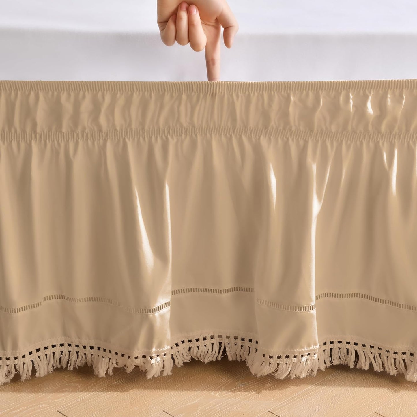 MIYE Wrap Around Ruffled Lace Bed Skirt, Elastic Dust Ruffle with Adjustable Belts, Easy to Put On, Bed Frame Cover, Machine Washable (Tassel Ruffle/Beige, Full/Twin-15 Drop)