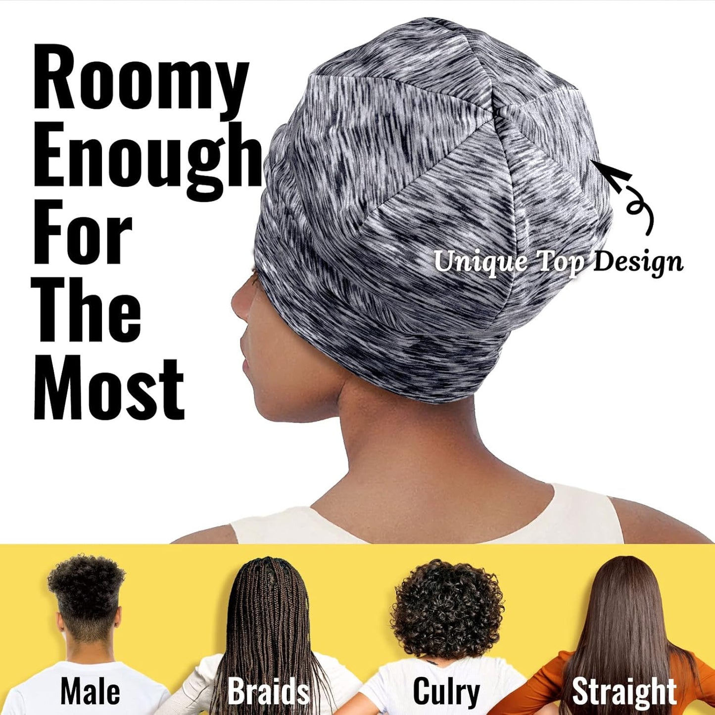 Satin Lined Sleep Cap Bonnet for Curly Hair and Braids, Stay On All Night Hair Wrap with Adjustable Strap for Women and Men, Dark Grey and White, Pack of 1