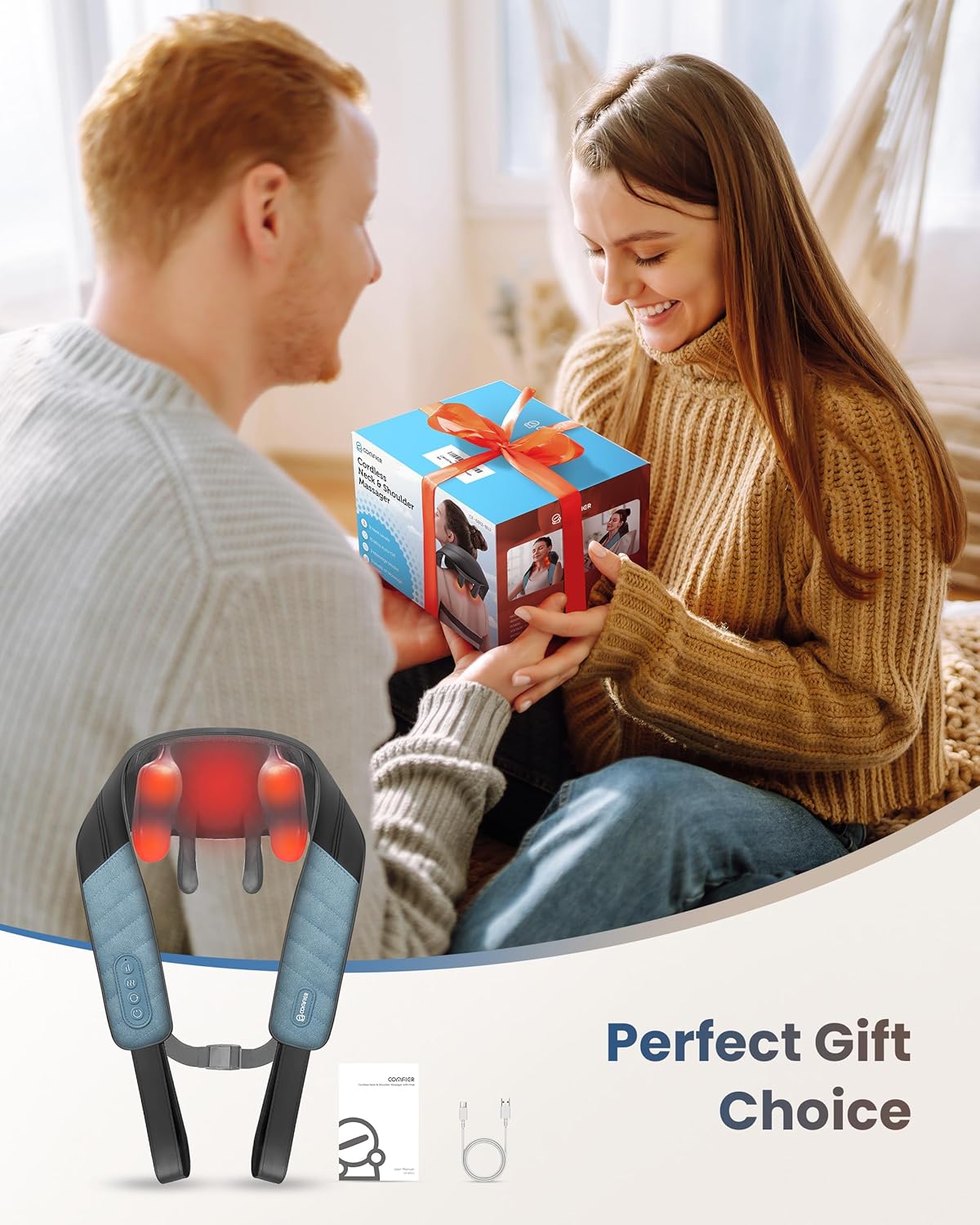 COMFIER FSA Eligible Shiatsu Neck Massager with Heat for Deep Tissue, Electric Shoulder and Back Massager for Pain Relief, Hands-Free Cordless 4D Kneading Massage, Gift for Women Men Mom Dad