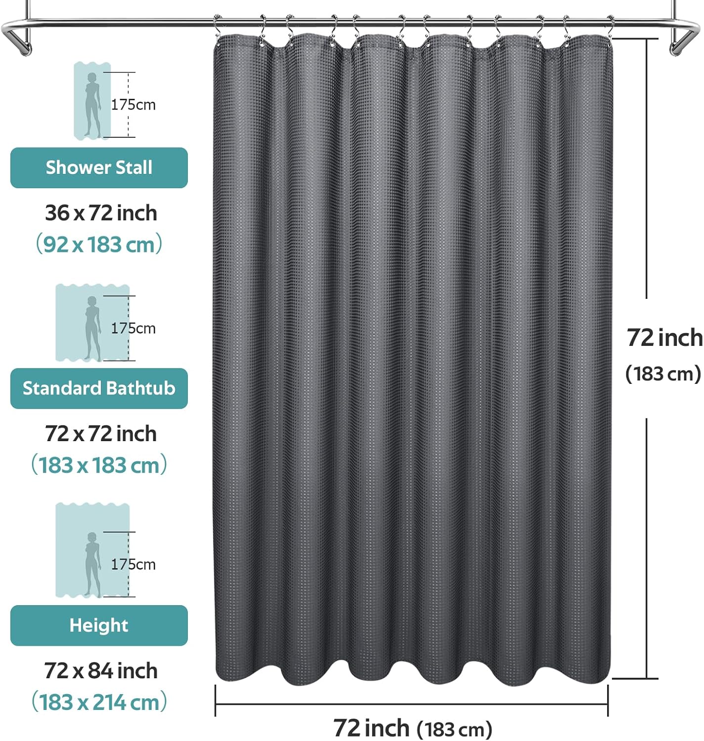 3 in 1 Shower Curtain Set, Waffle Shower Curtain and Liner Set with 12 Double Sided Shower Curtain Hooks, 258GSM Luxury Weighted Cloth Shower Curtains for Bathroom,72 W x 72 H,Graphite Gray
