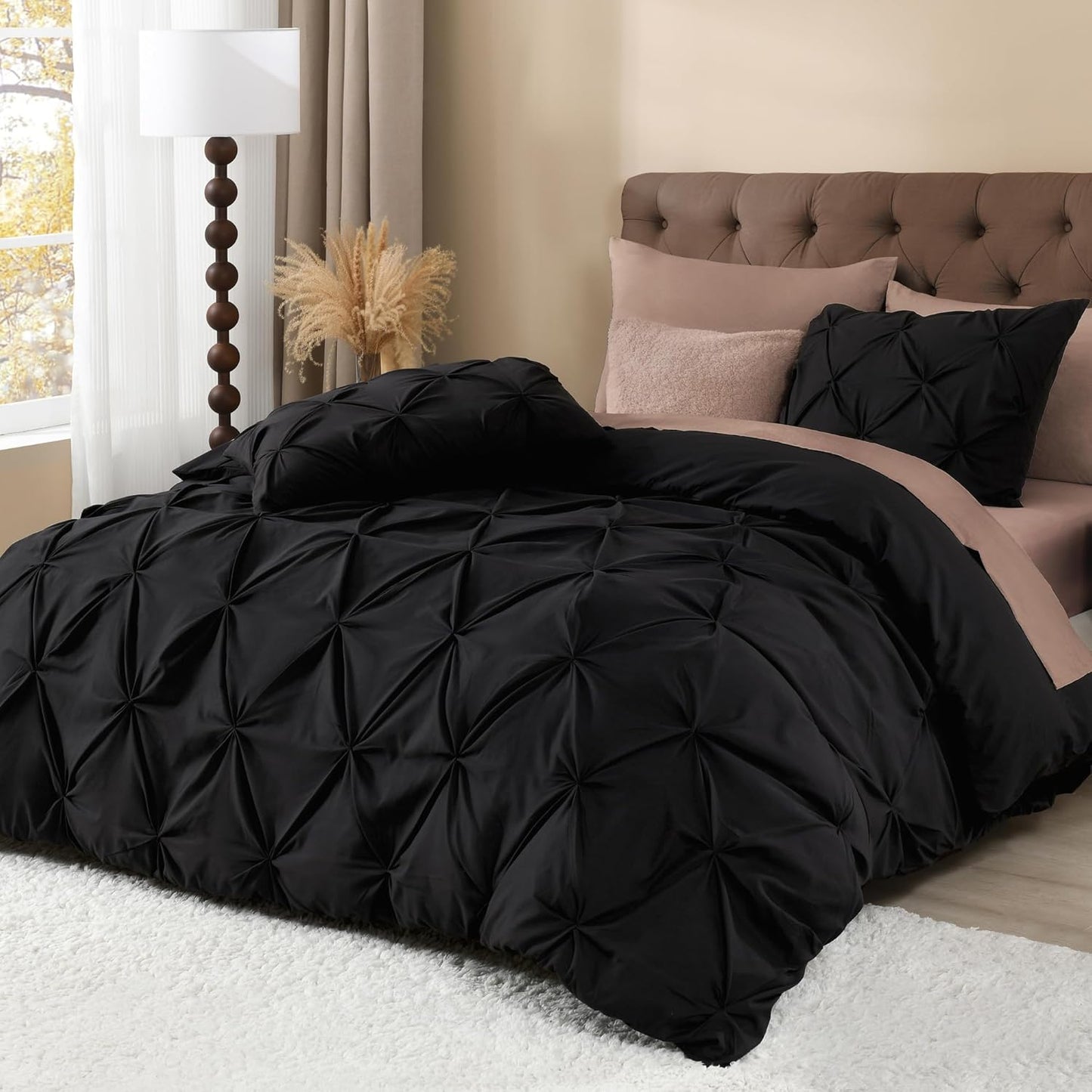 Litanika Black Queen Pinch Pleat Duvet Cover, 3 Pieces Pintuck Cover Soft Microfiber Bedding Set with Zipper Closure & Corner Ties(90x90Inch-1 Duvet Cover, 2 Pillowcases)
