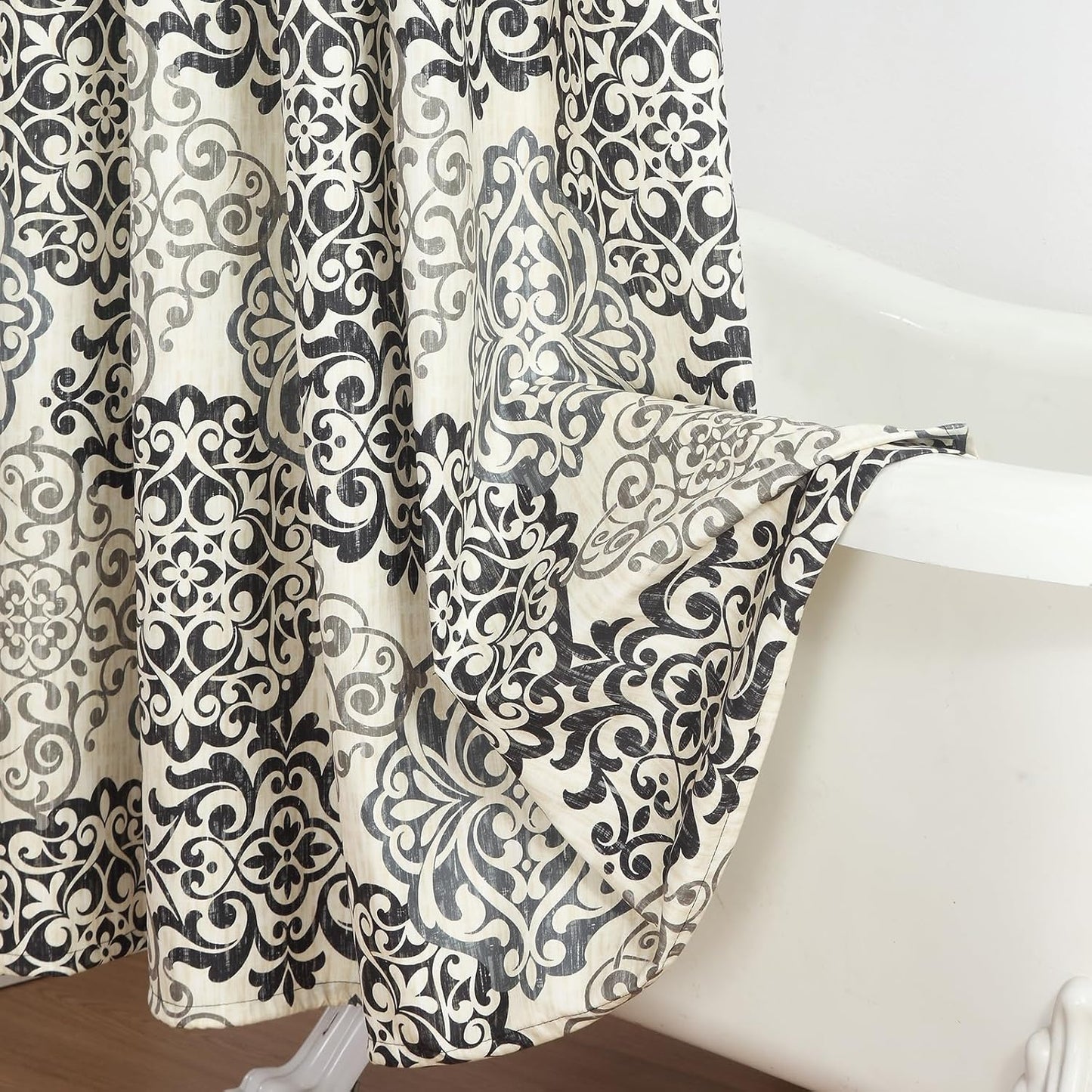 Extra Wide Fabric Shower Curtain, Black and Beige Medallion Print Wrap Around Shower Curtains for Bathroom Clawfoot Tubs, 108" W x 72" H