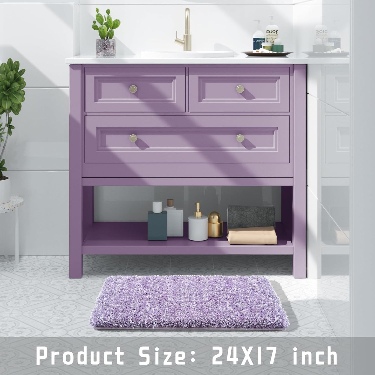 Yimobra Bathroom Rugs Non Slip Washable, Ultra Soft and Water Absorbent Bath Mats, Plush Fluffy Shower Mat Outside, Microfiber Thick Matts for Bathroom Floor/Sink, 24x17, Purple and White