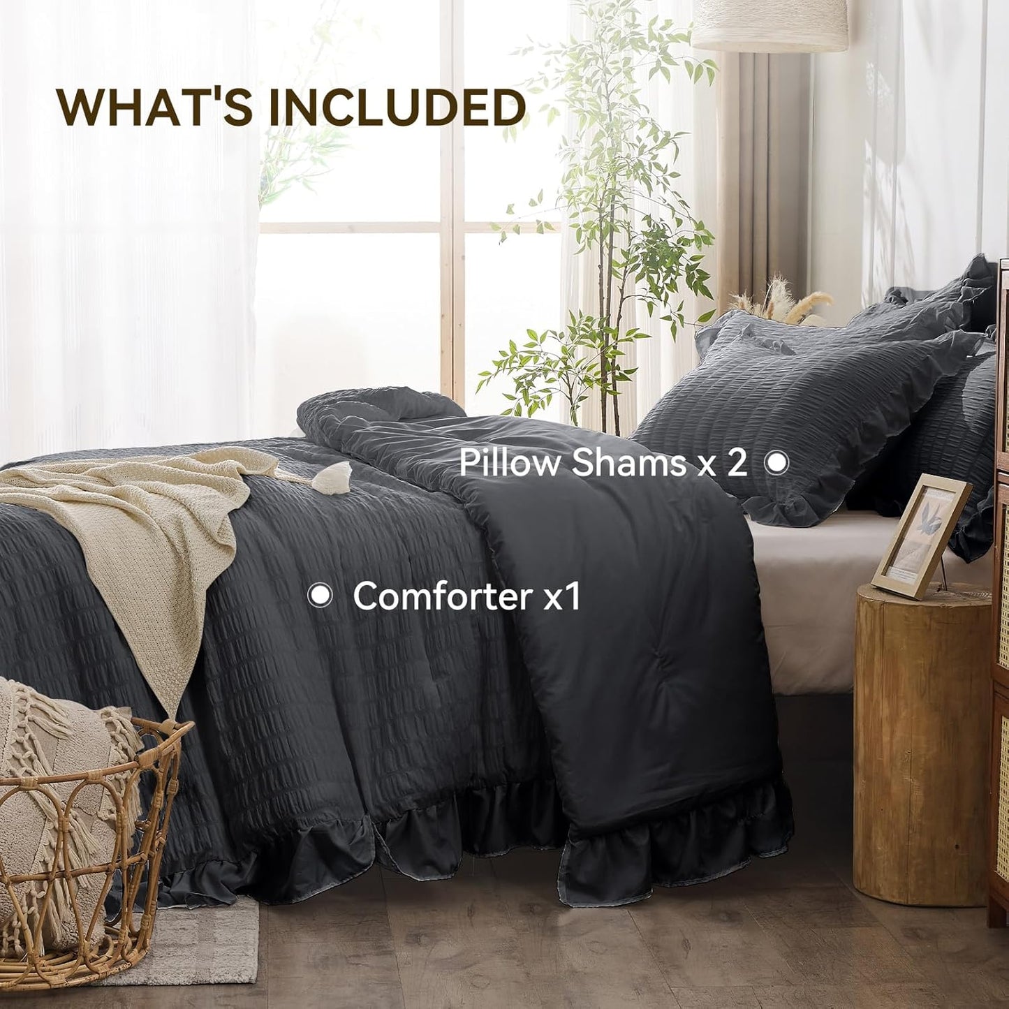 JOLLYVOGUE Dark Gray Queen Comforter Set, 3 Pieces Seersucker Bedding Comforter Sets, All Season Bed in a Bag Queen, Lightweight & Fluffy Queen Bedding Set with 1 Comforter, 2 Ruffle Pillowshams