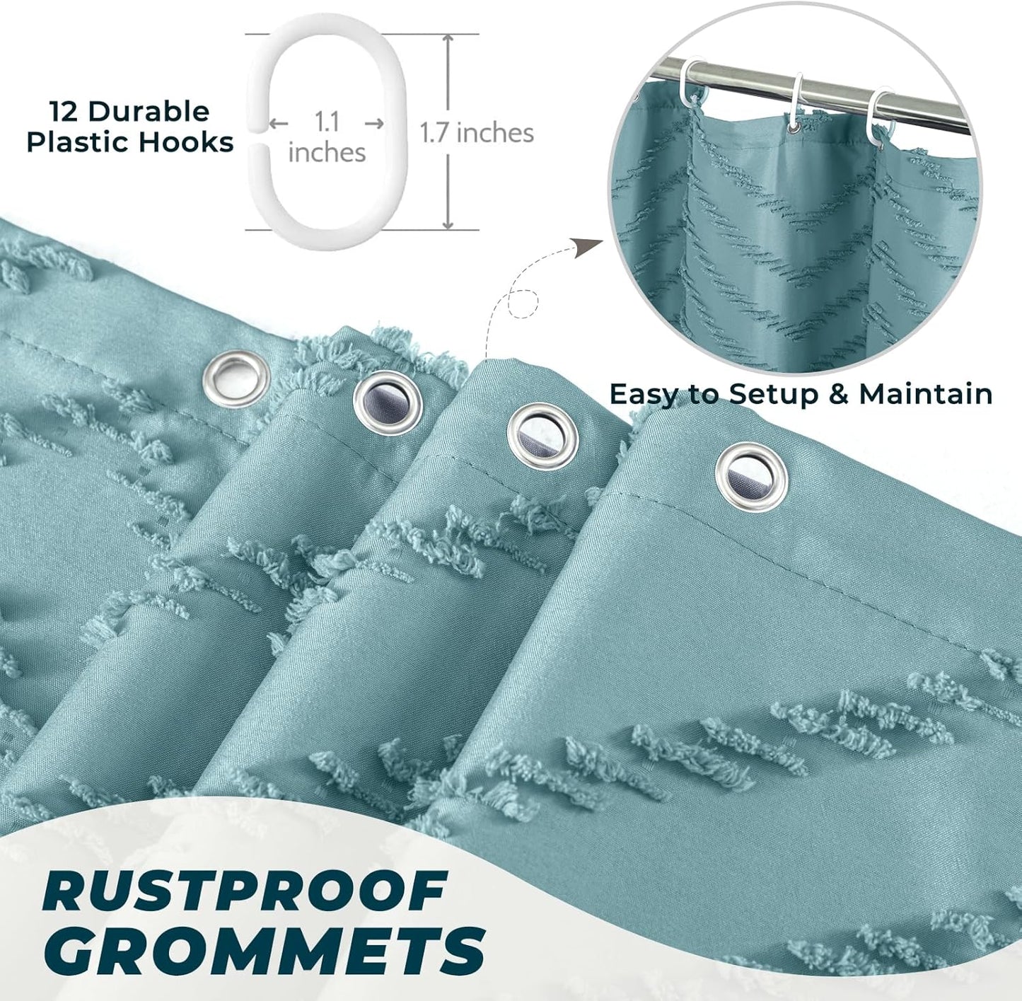 84inches Extra Long Teal Shower Curtain Boho Farmhouse Shower Curtain 72 x 84 Tufted Chevron Textured Minimalist Shower Curtains for Bathroom