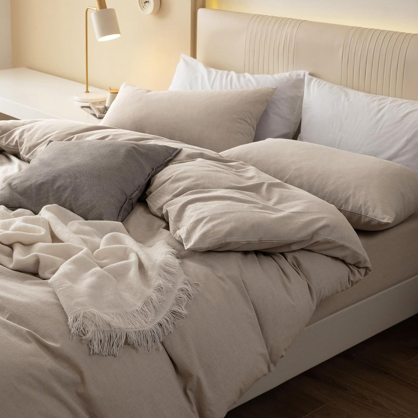 JIYUAN 100% Washed Cotton Duvet Cover Set 3 PCS Oversized Queen,1 Duvet Cover 98"x98"(Comforter Not Included) and 2 Pillowcases, Linen Like Comfy and Breathable, Heathered Tannish Linen Grey