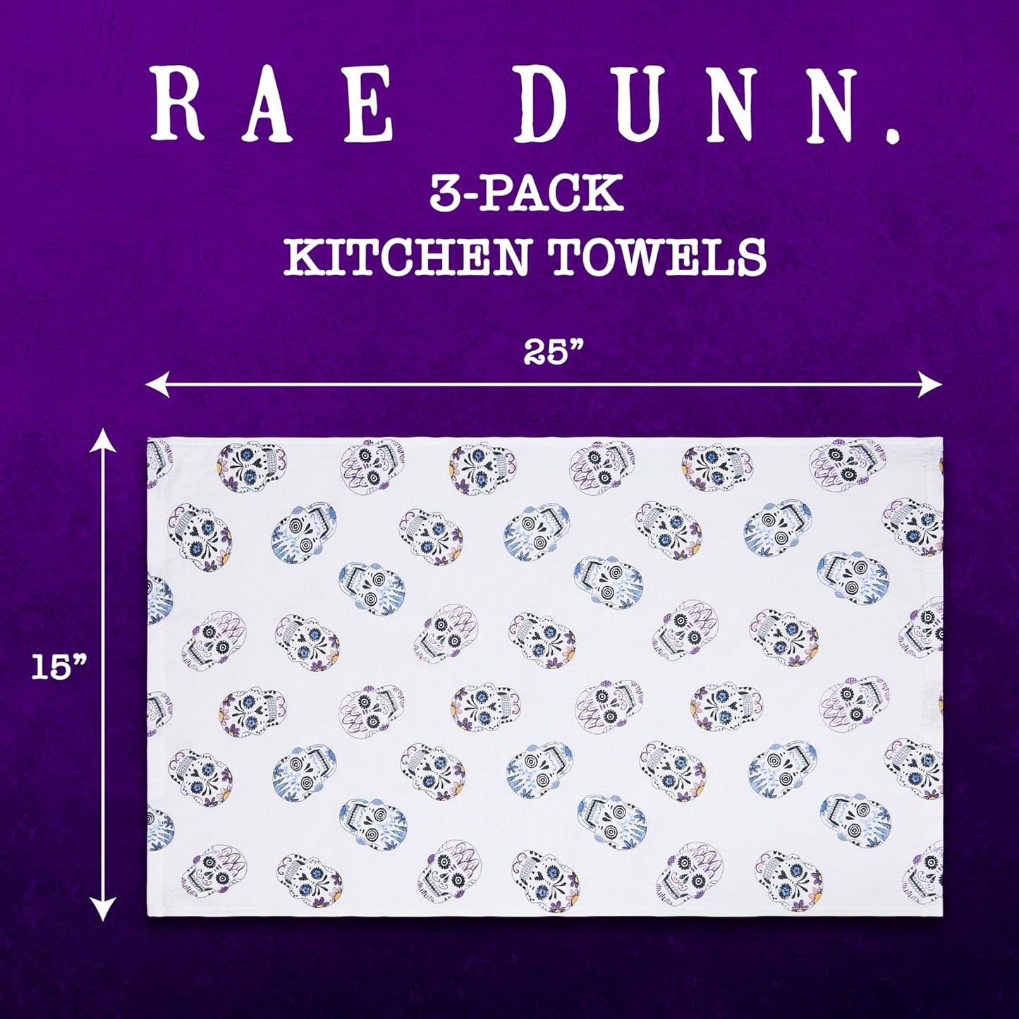 Rae Dunn Set of Hand Towels for Kitchen and Bathroom, 100% Cotton, Embroidered Dish Towels, Decorative Hand Towels, Skulls/Gray, 3 Pack