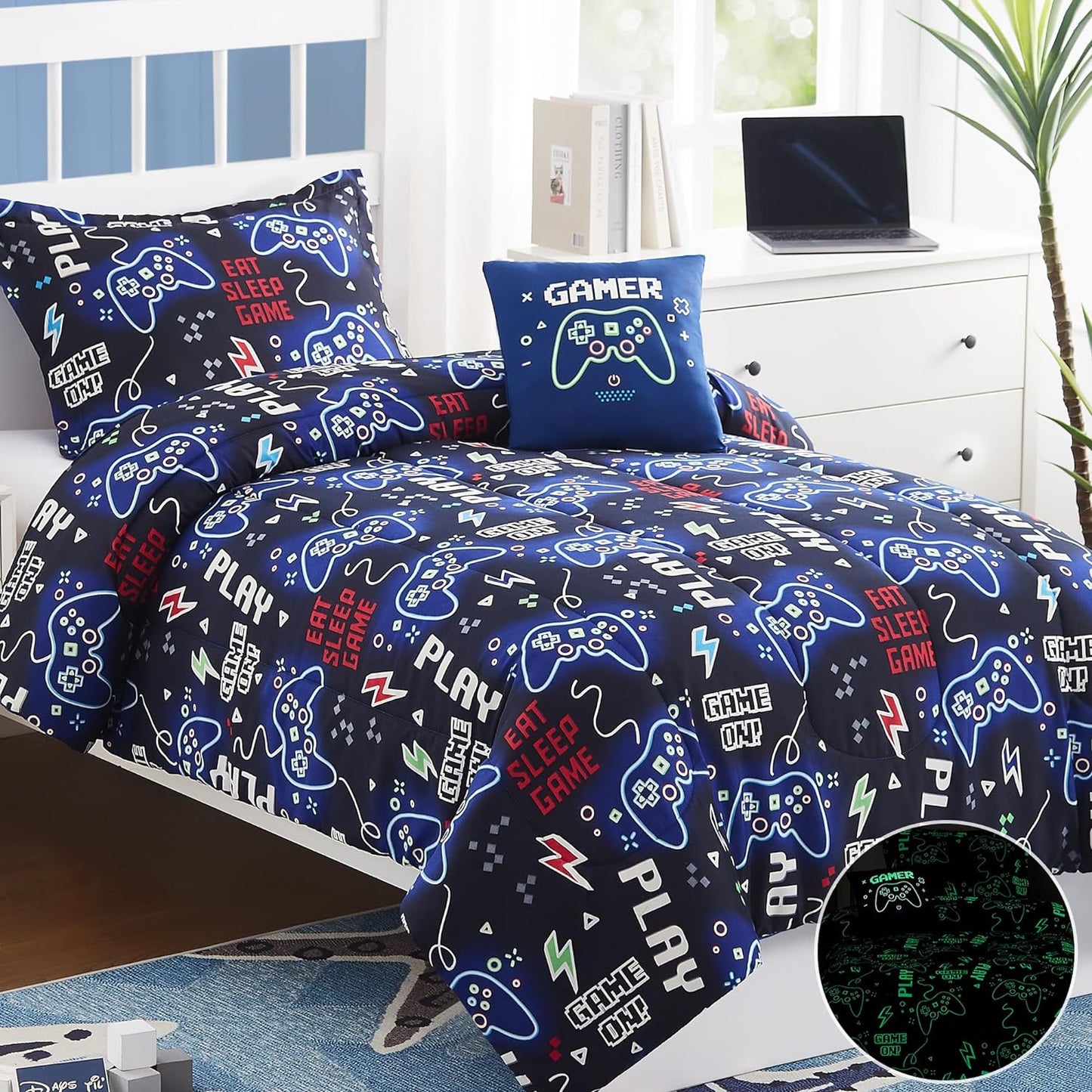 Kids Comforter Set Twin Size for Boys, Glow in The Dark Gamer Bedding Set 1 Comforter, 1 Decor Pillow, 1 Pillow Sham, Twin XL Comforter Set Dorm Bedding