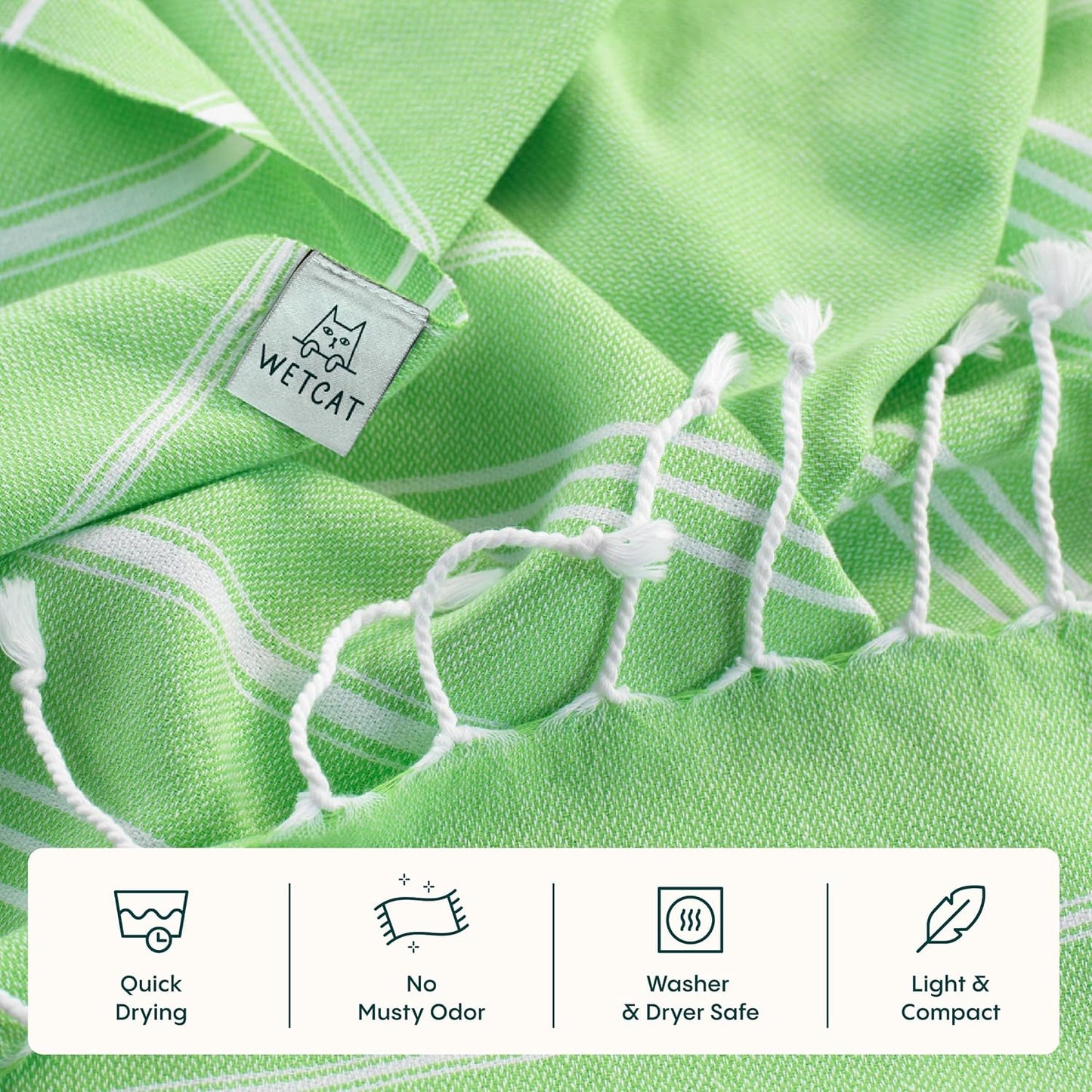 WETCAT Turkish Hand Towels with Hanging Loop, Set of 2 (20" x 30") 100% Turkish Cotton, Pre-Washed, Quick Drying, for Kitchen or Bathroom - Lime Green