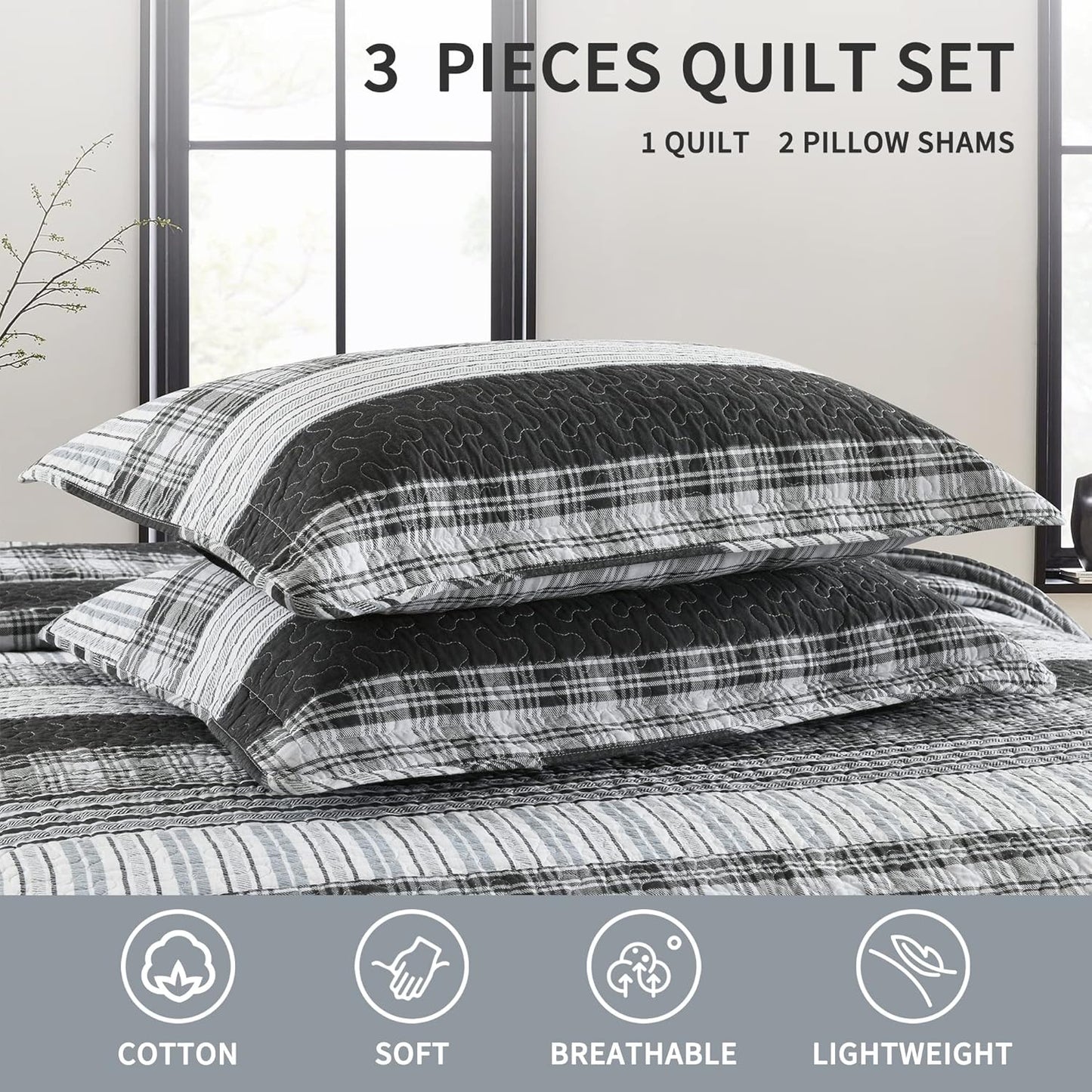 Homzard Quilts Queen Size - Black and White Queen Comforter Set, 100% Cotton Black Grey Striped Bedding Set, Lightweight Reversible Bedspread Set, 3 Piece All Season