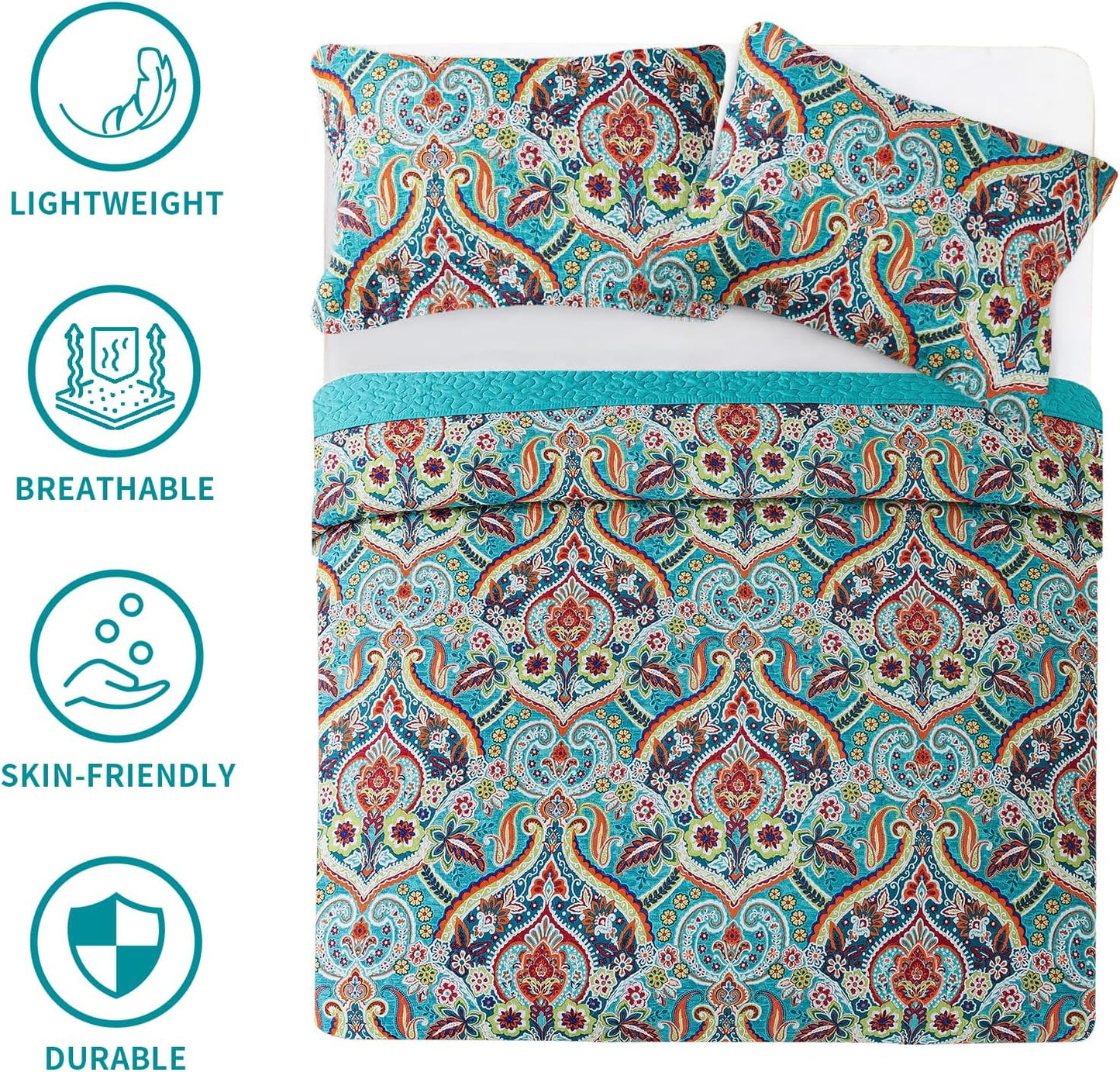 BEDIFANY Cotton Queen Quilt Set - Lightweight Queen Size Quilts Bedding Set for a Comfortable Sleep - Reversible Bedspread Coverlet (90 * 98 in) with Boho Pattern, 3 Pieces