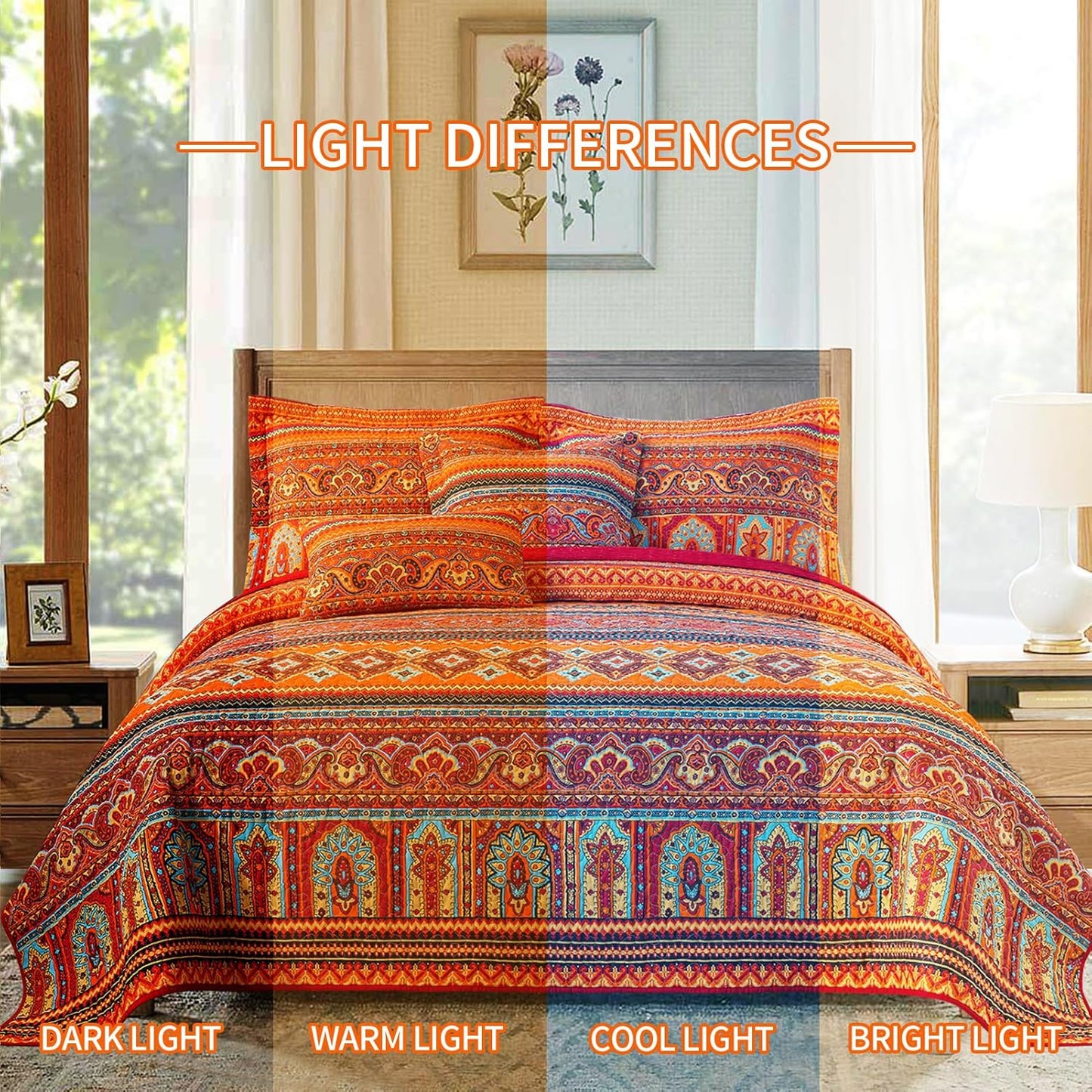 BEDIFANY Cotton Twin Size Bedspreads Set - Lightweight Boho Quilts Twin Size (68 * 86 Inch) - Colorful Orange Quilted Stripe Quilt Bedding Sets with Pillow Sham for Decorations Coverlet, 2 Pieces