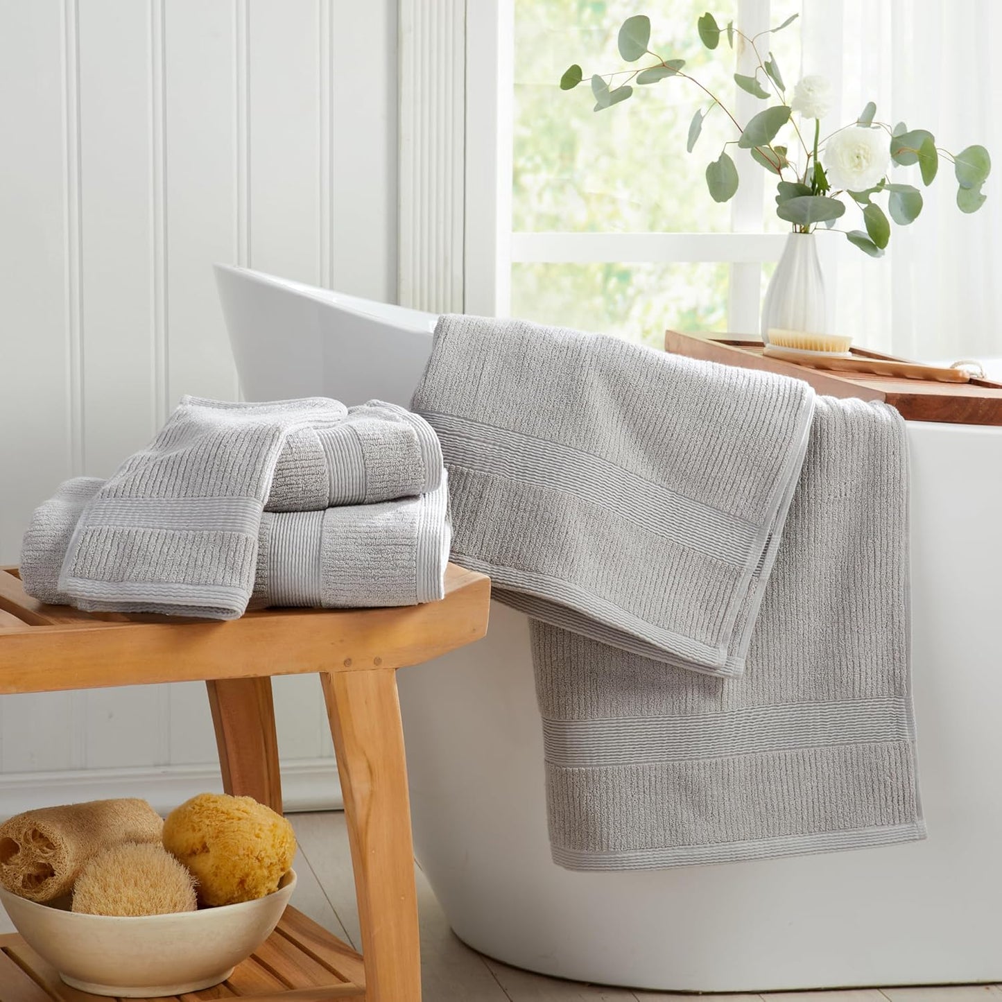 Springtree Home Grey Bath Towels Set of 6 | Ribbed Textured | 100% Combed Cotton | Absorbent Quick-Dry Gray Towels for Bathroom | Oeko-TEX® Standard 100 Cotton | Mauro Collection - High Rise Grey