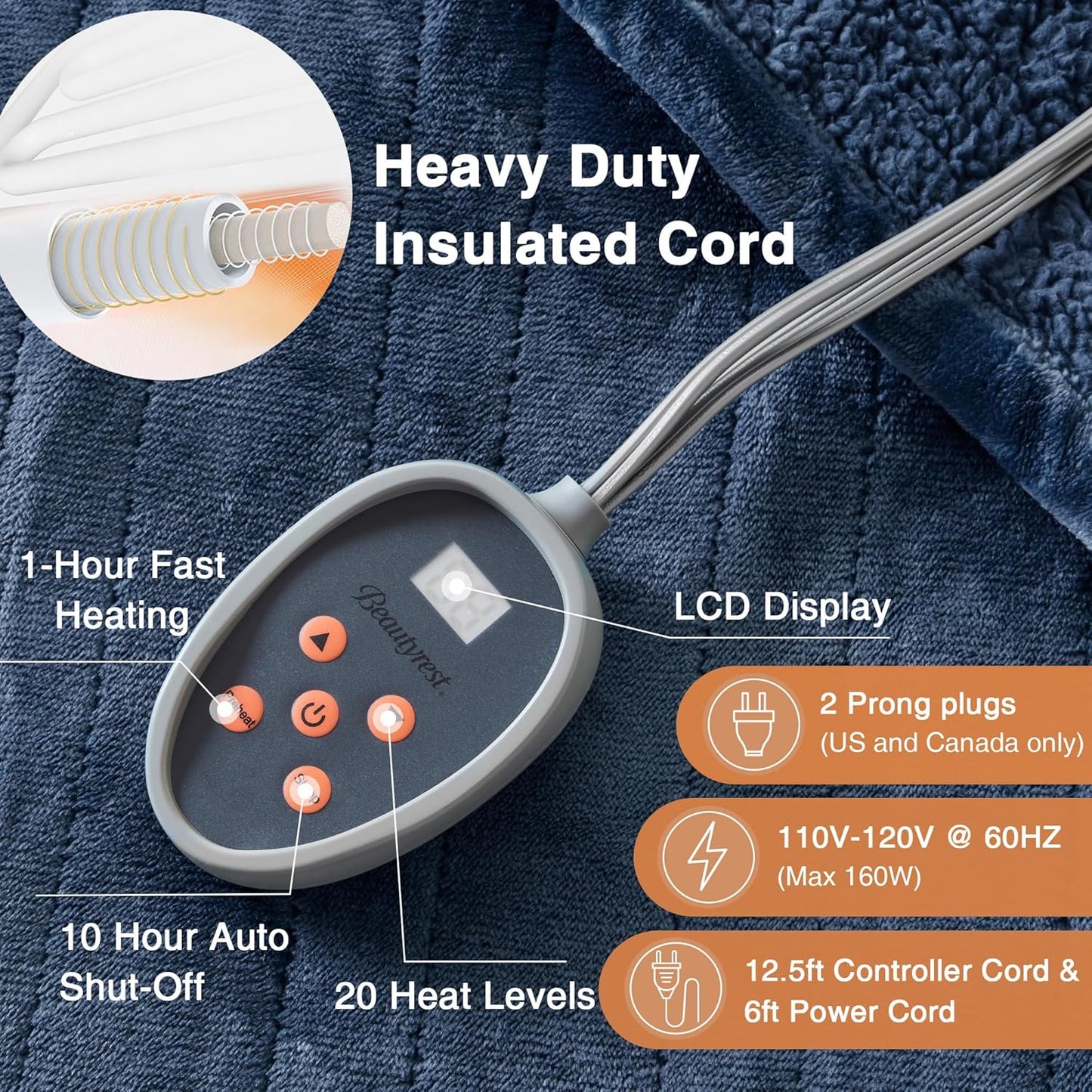 Beautyrest Auto Shut Off, Virtually Zero EMF, Multi Heat Setting, UL Certified, Machine Washable Reversible Microlight to Sherpa Electric Blanket, Full, Indigo