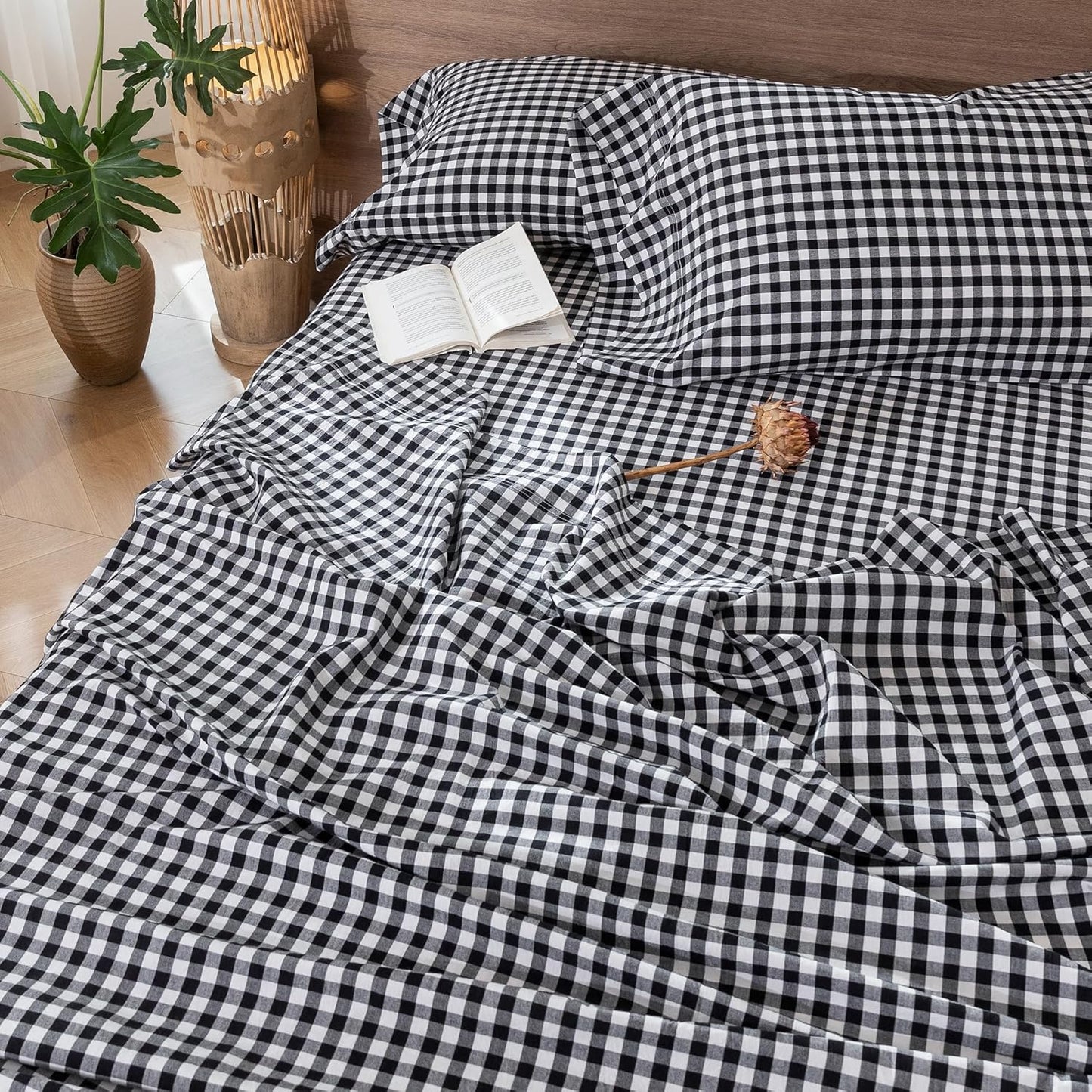 MooMee Gingham Sheet Set 100% Washed Cotton Linen Like Textured Breathable Soft w/ Fully Elasticized 16-19" Deep Pocket (Classic Gingham Black White, King)