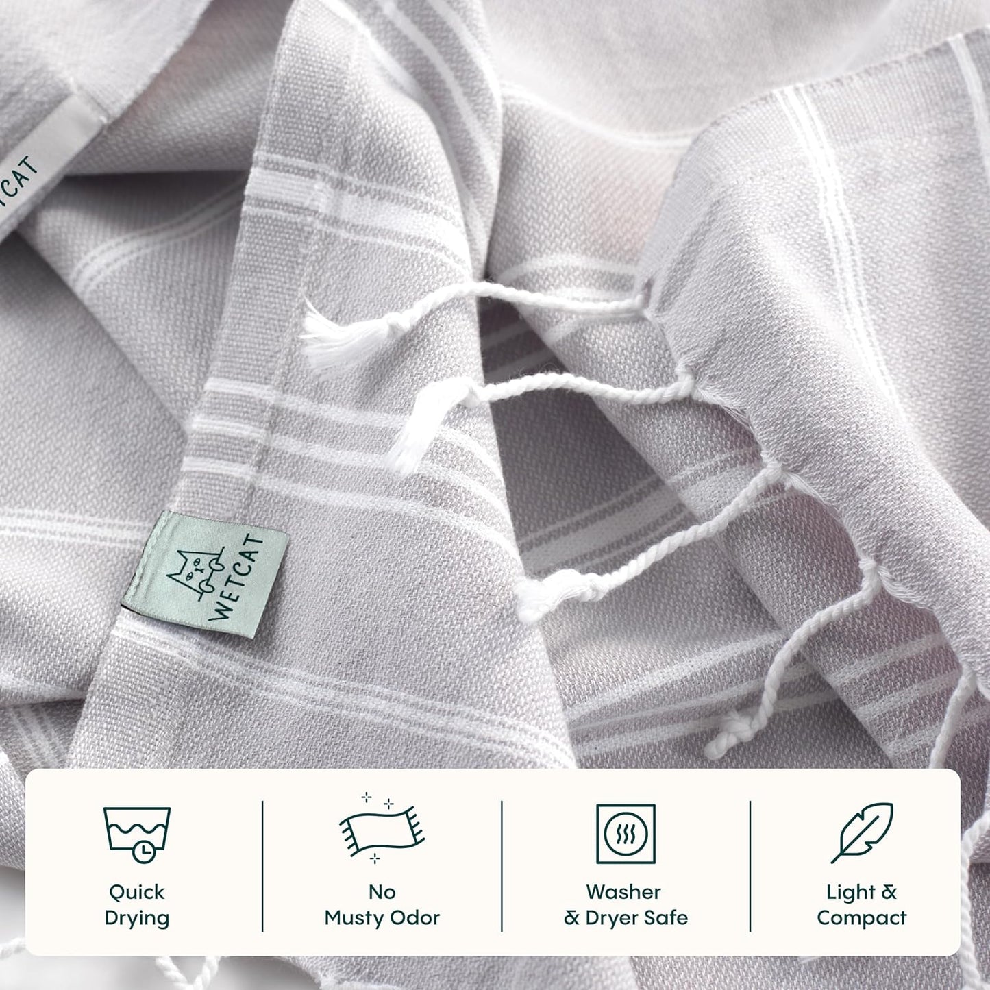 WETCAT Turkish Hand Towels with Hanging Loop, Set of 2 (20" x 30") 100% Turkish Cotton, Pre-Washed, Quick Drying, for Kitchen or Bathroom - Light Grey
