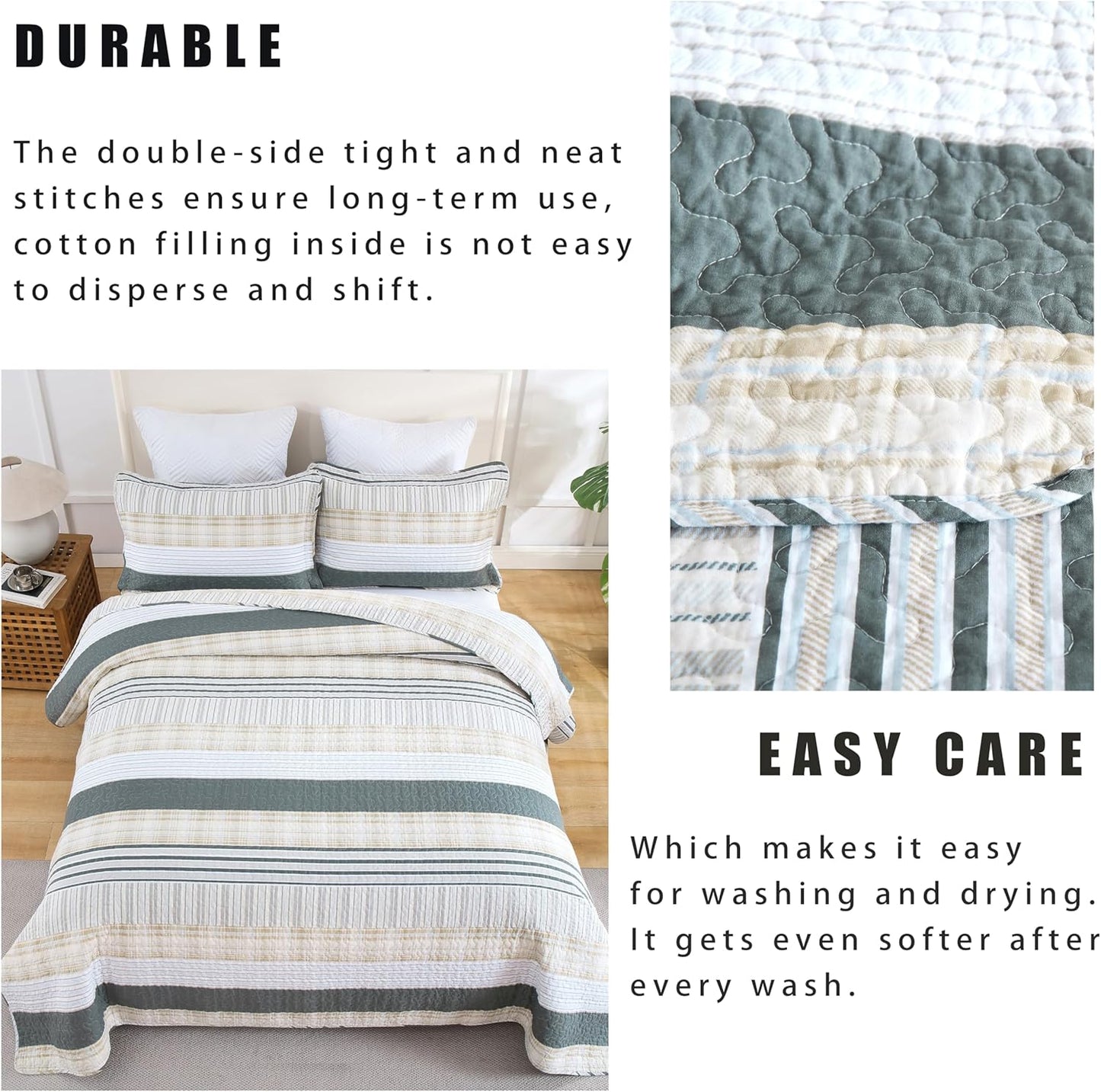 Homzard Quilts Queen Size - Cotton Queen Size Comforter Sets,Beige Grey Cotton Bedding,Striped Plaid Comforter Bedspread (90 * 98 Inches),3 Piece