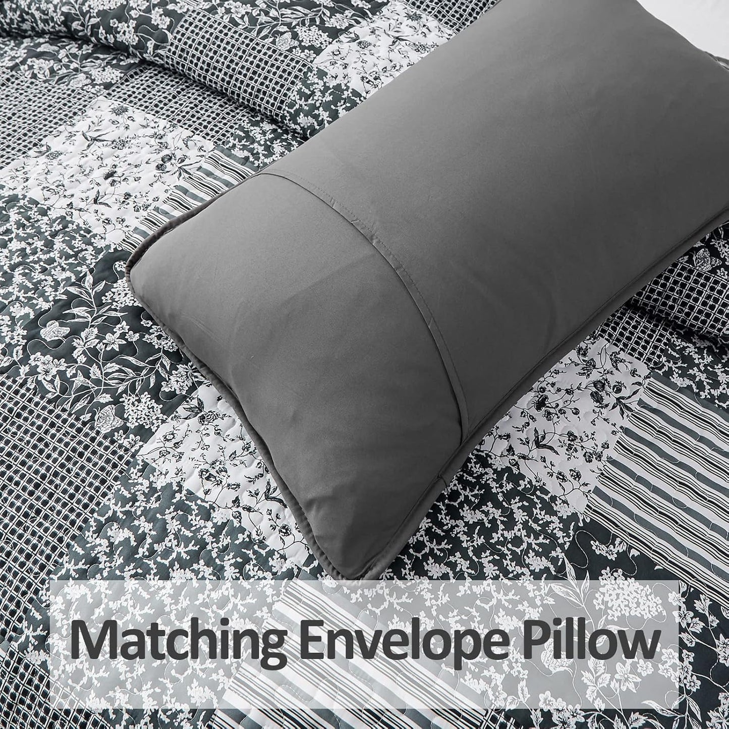 Mybedsoul Black Grey Boho Quilt Set King Size,3 Pieces Plaid Floral Bedspread Coverlet Set for All Season,Patchwork Reversible Bedding Set King 90"x104"