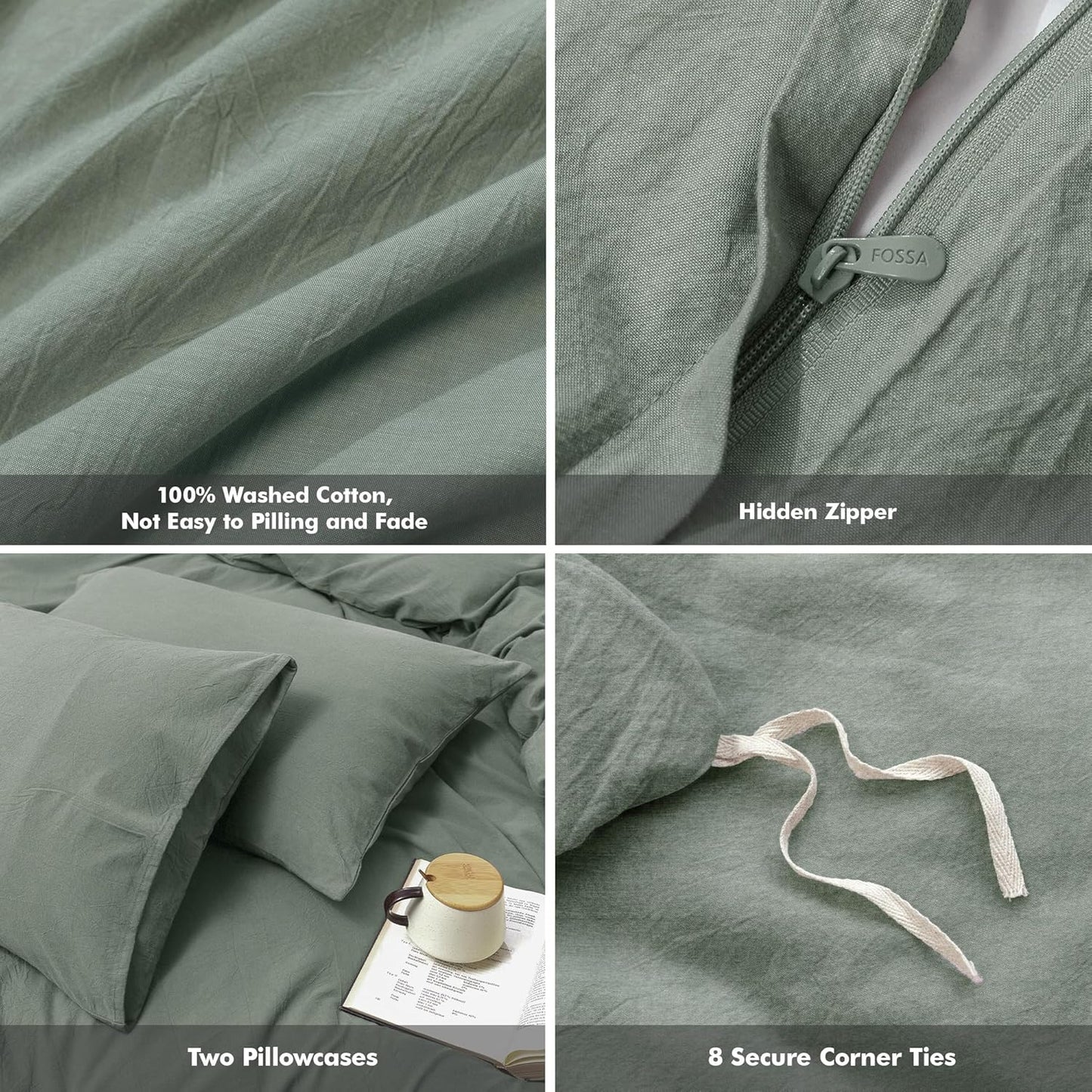FOSSA Duvet Cover Set 100% Washed Cotton Linen Feel Super Soft Breathable Cozy Simple Style 3 Pieces Bedding Sets Solid Heathered Green King