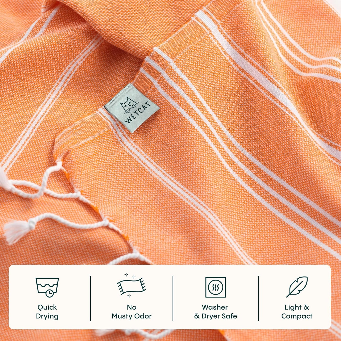 WETCAT Turkish Hand Towels with Hanging Loop, Set of 2 (20" x 30") 100% Turkish Cotton, Pre-Washed, Quick Drying, for Kitchen or Bathroom - Orange