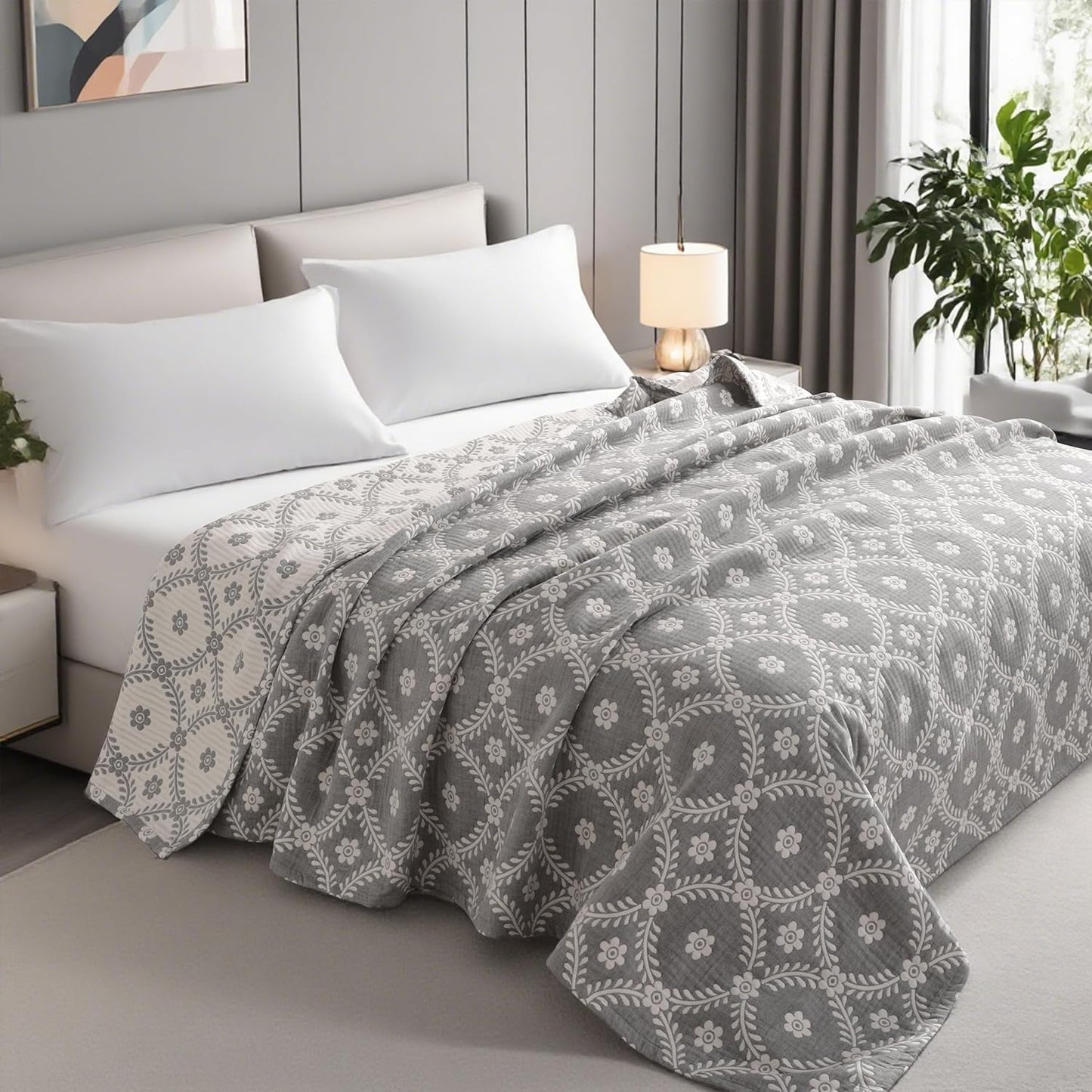 NTBAY 3 Layers Cotton Muslin 88x92 Queen Bed Blanket, Super Soft Breathable Thermal Yarn Dyed Quilt for Adults, Perfect Lightweight Blanket for Couch Sofa Bed All Seasons, Grey Garlands