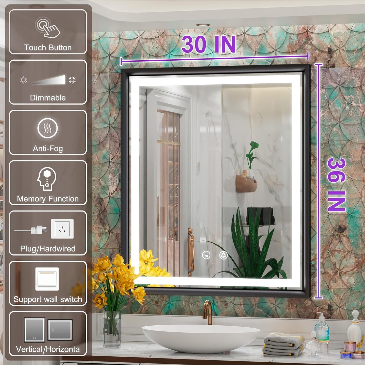 30x36 Inch LED Mirror for Bathroom, 3 Color Temperatures (3000K/4500K/6000K), Anti-Fog, Dimmable Lights, Memory Function, Matte Black Aluminum Frame