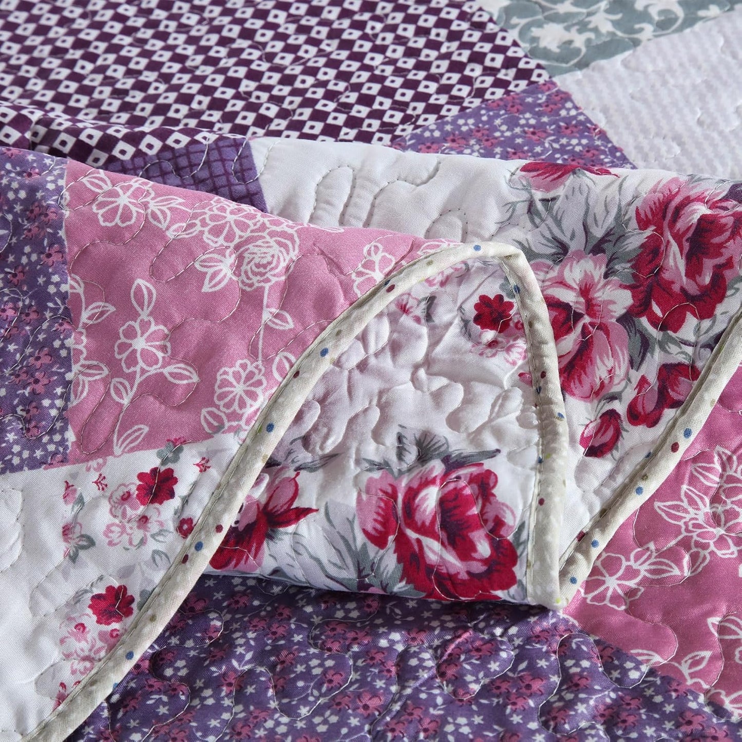 HoneiLife Quilt Set Twin Size - 2 Piece Microfiber Quilts Reversible Bedspreads Patchwork Coverlets Floral Bedding Set All Season Quilts with Geometric and Little Rose Print Pattern,Purple