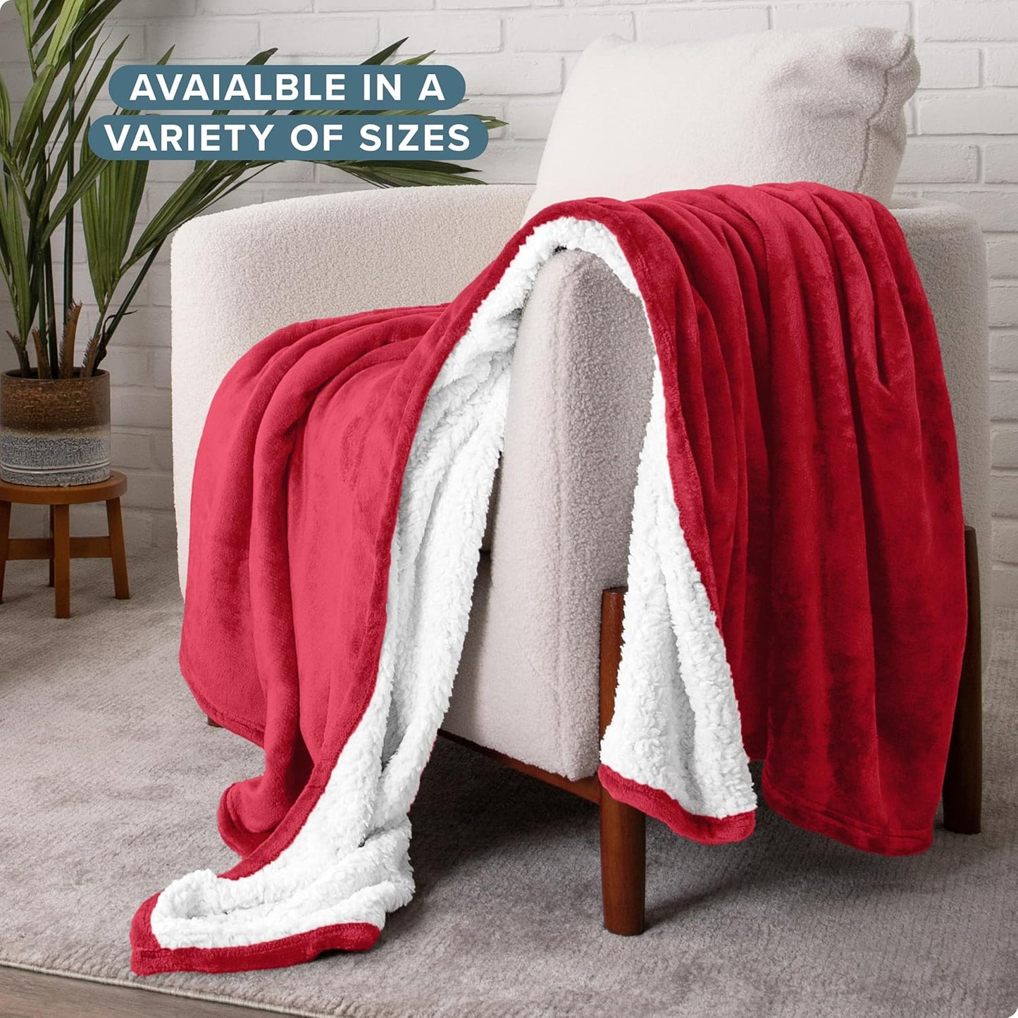 Bare Home Sherpa Fleece Blanket - Throw/Travel Size - Blanket for Bed, Sofa, and Couch - Warm & Lightweight - Fluffy & Soft - Reversible (Throw/Travel, Red)