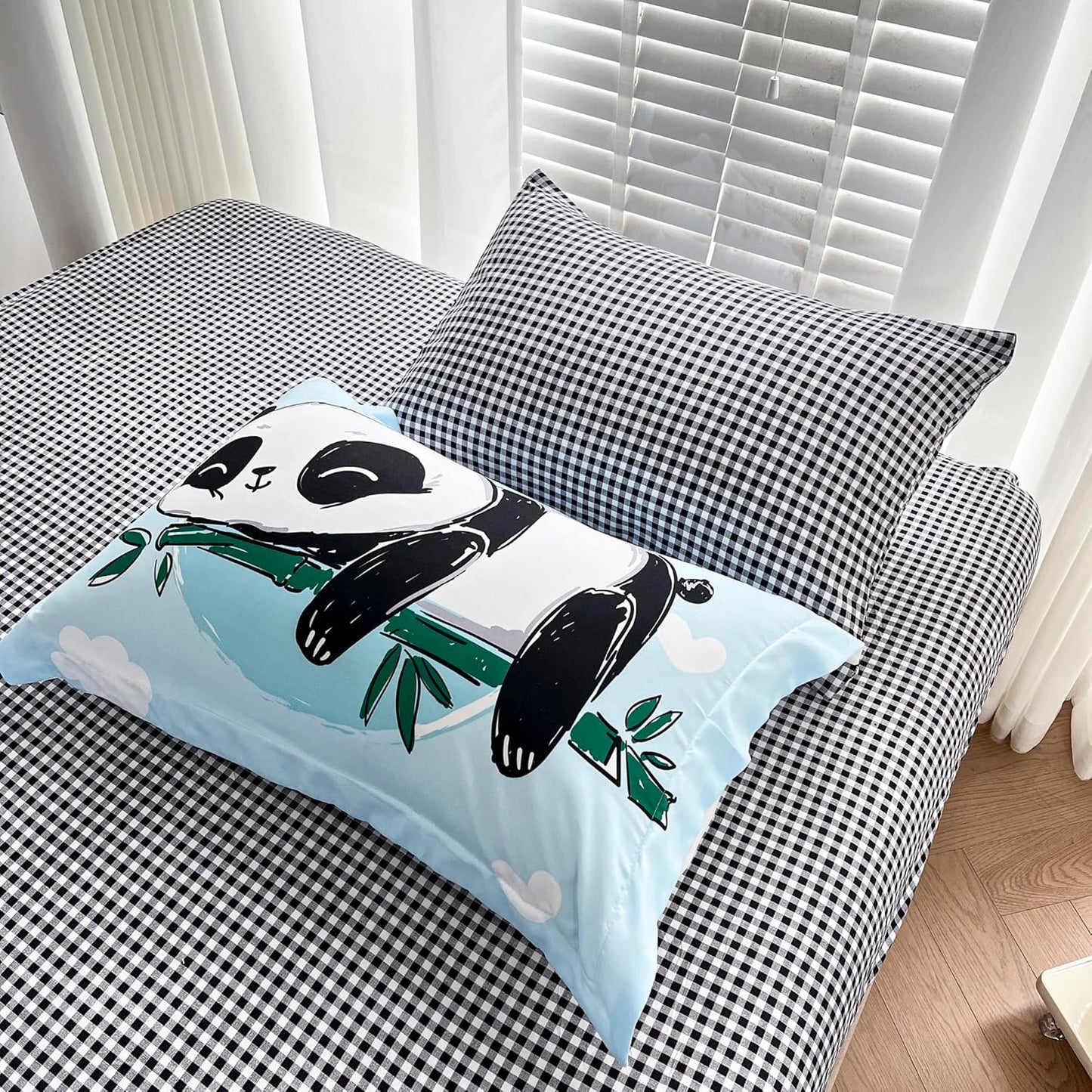 Wajade Kids Panda Comforter Set Bed in A Bag Full Size 7 Piece Blue 3D Cute Panda Bamboo Clouds Bedding Set for Girls Boys (1 Comforter, 1 Flat Sheet, 1 Fitted Sheet, 2 Pillowcase and 2 Pillow Sham)