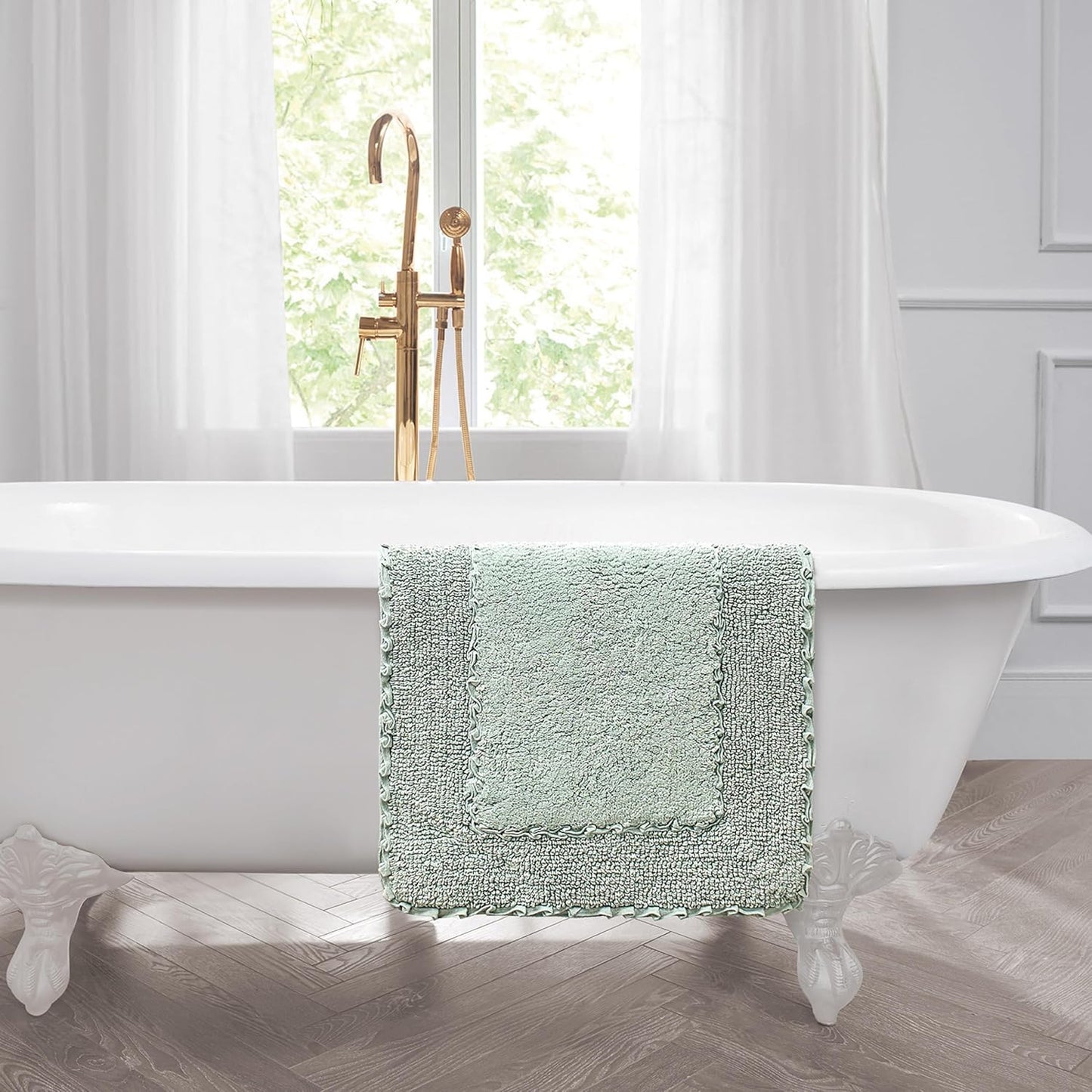 Laura Ashley Ruffle Border 100% Cotton Bath Rug, Green, 20"x 34"