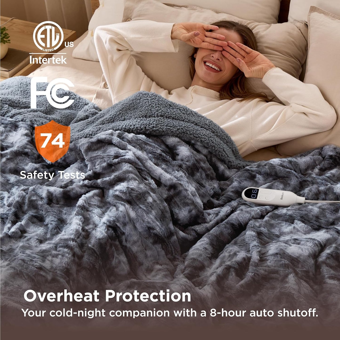 Bedsure Faux Fur Heated Blanket Twin Size, Fast Heating Electric Blanket Twin Size with 6 Heating Levels & 10 Time Settings, Cozy Gifts for Women Men (62x84 inches, Grey)