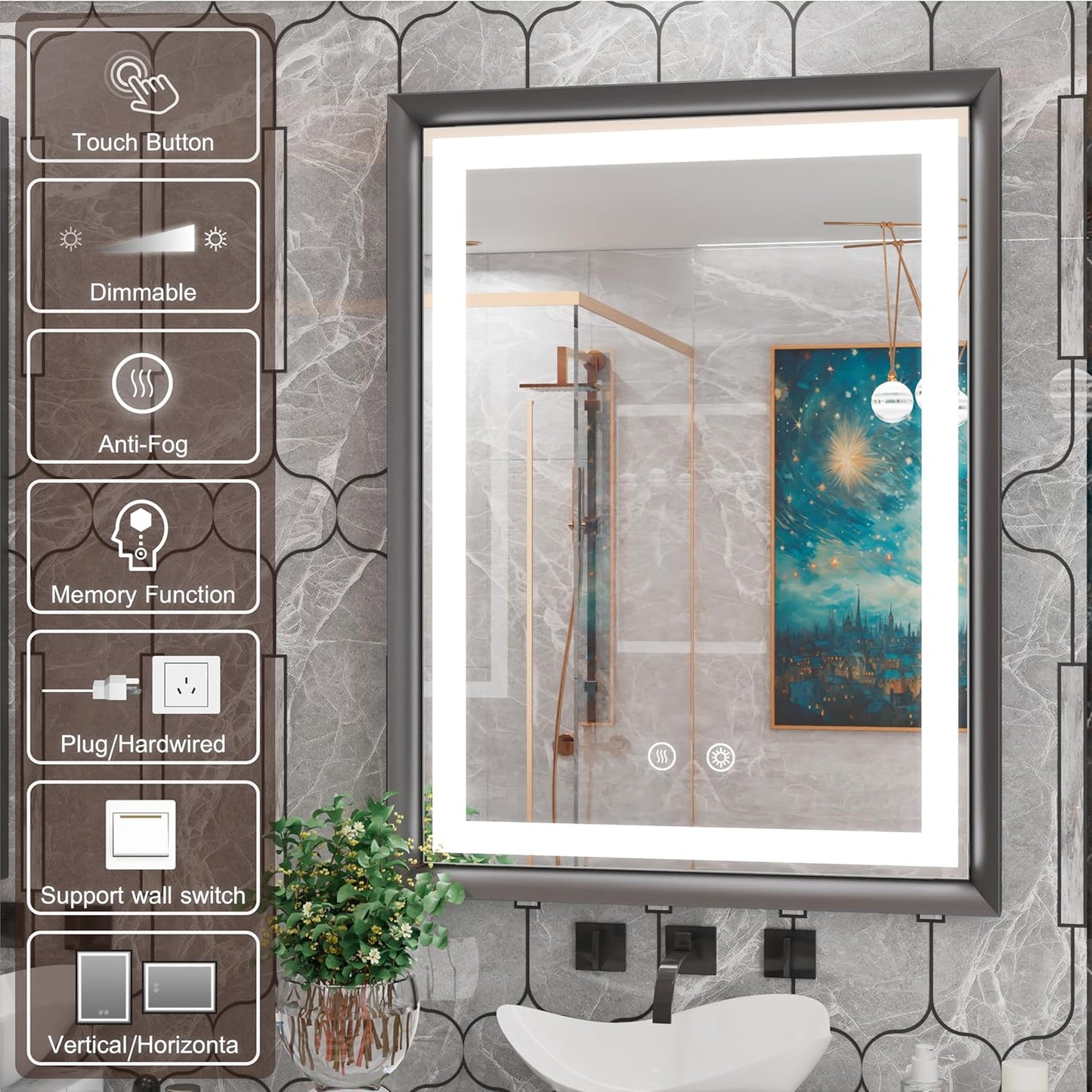 28x36 Inch LED Mirror for Bathroom, 3 Color Temperatures (3000K/4500K/6000K), Anti-Fog, Dimmable Lights, Memory Function, Matte Black Aluminum Frame