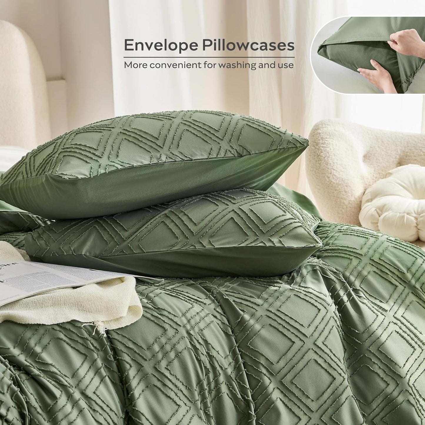 JELLYMONI Duvet Cover Super Queen Size Green - 3PCS Boho Duvet Cover Set Plaid Polyester Tufted Bohemian Jacquard Knit Textured Comforter Cover 98×90in Rhombic Geometric Pattern Zipper Corner Tie