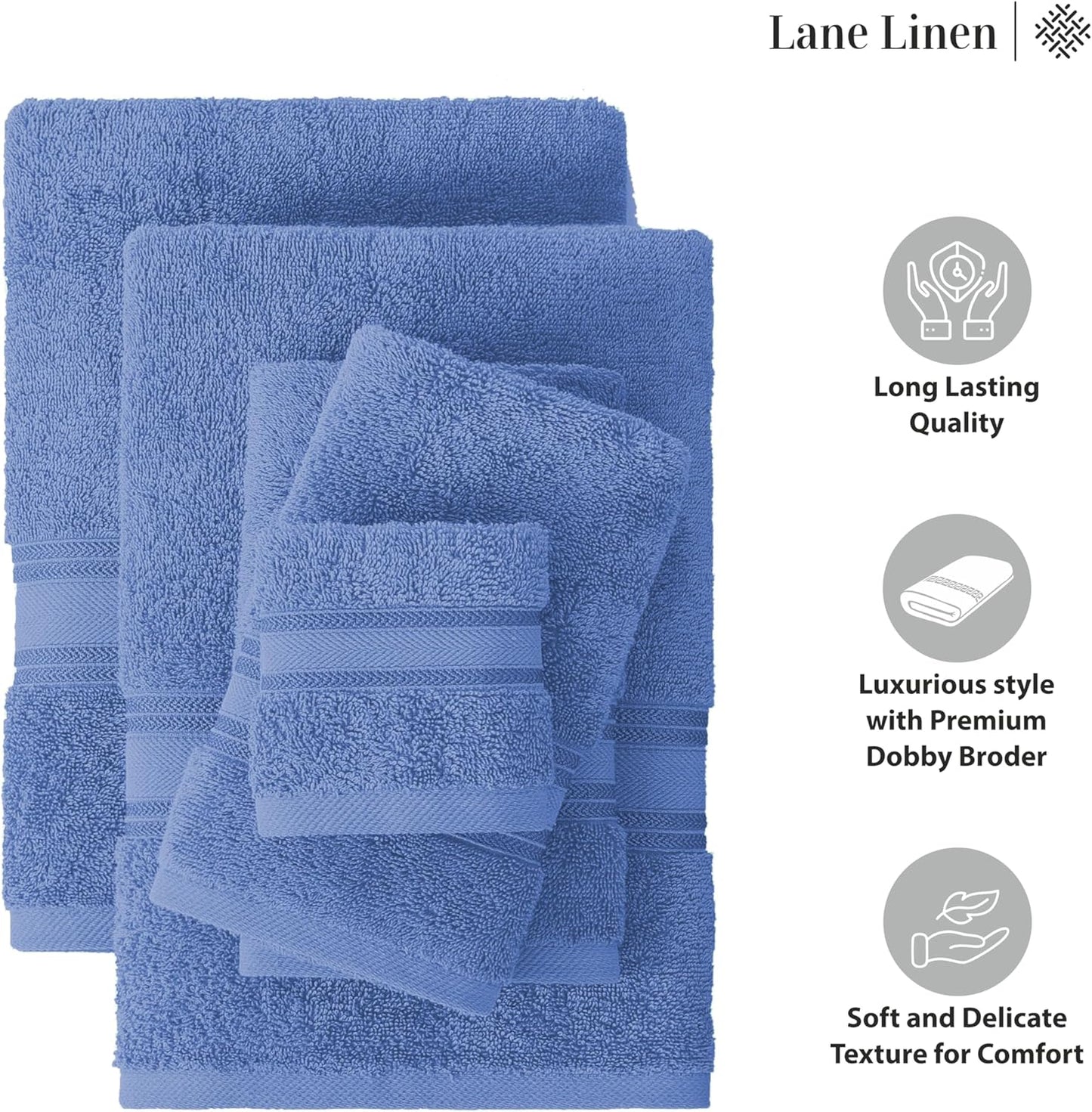 LANE LINEN Bathroom Towels Set of 18 – Zero Twist, 100% Mercerized Cotton, 6 Bath, 6 Handtowel & 6 Washcloths, Luxury Hotel Design, Perfect for Salon & Guests, Machine Washable – Cerulean Blue