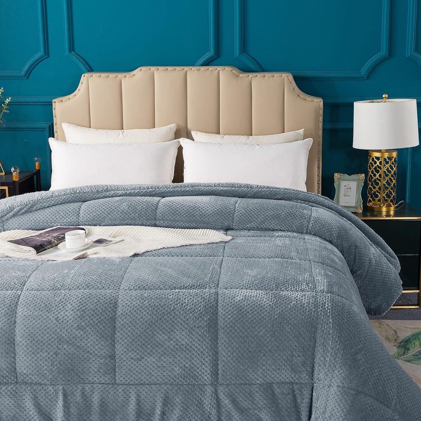 KASENTEX Super Ultra Soft Luxury Plush Sherpa Comforter, Cozy Reversible Faux Fur Machine Washable Bedding, Grey Blue, Twin/Twin XL Size