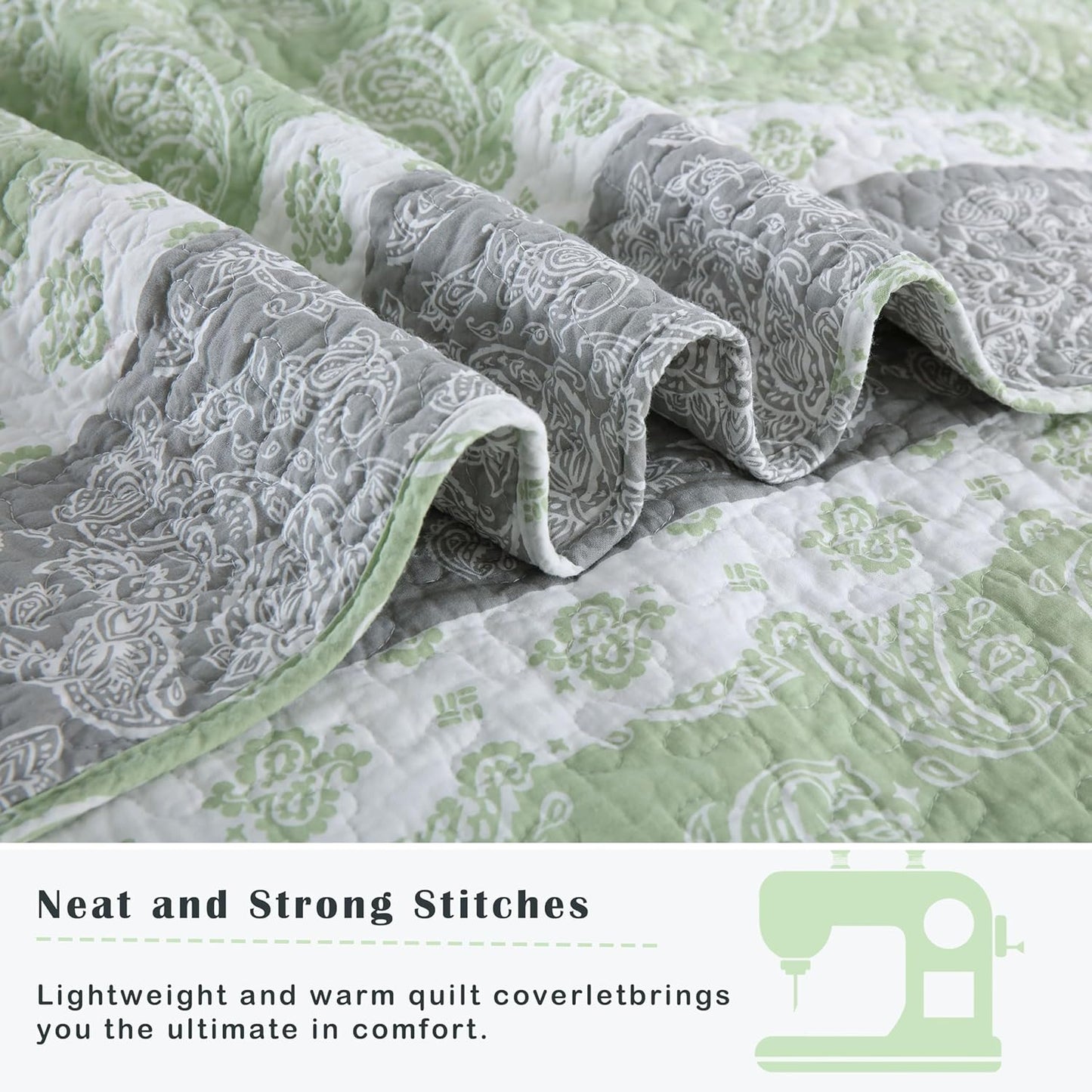 Cotton Quilt King, Sage Green Comforter Set, Green/White/Grey Striped King Bedspread,Farmhouse Quilt Bedding Set, Luxury Lightweight 3 Piece